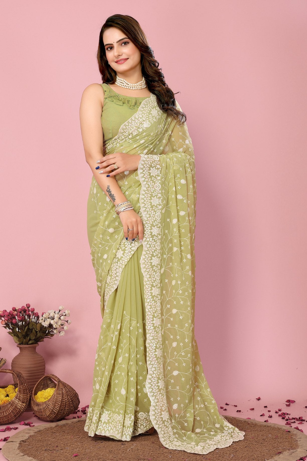 Buy MySilkLove Pista Green Georgette Embroidered Silk Saree Online