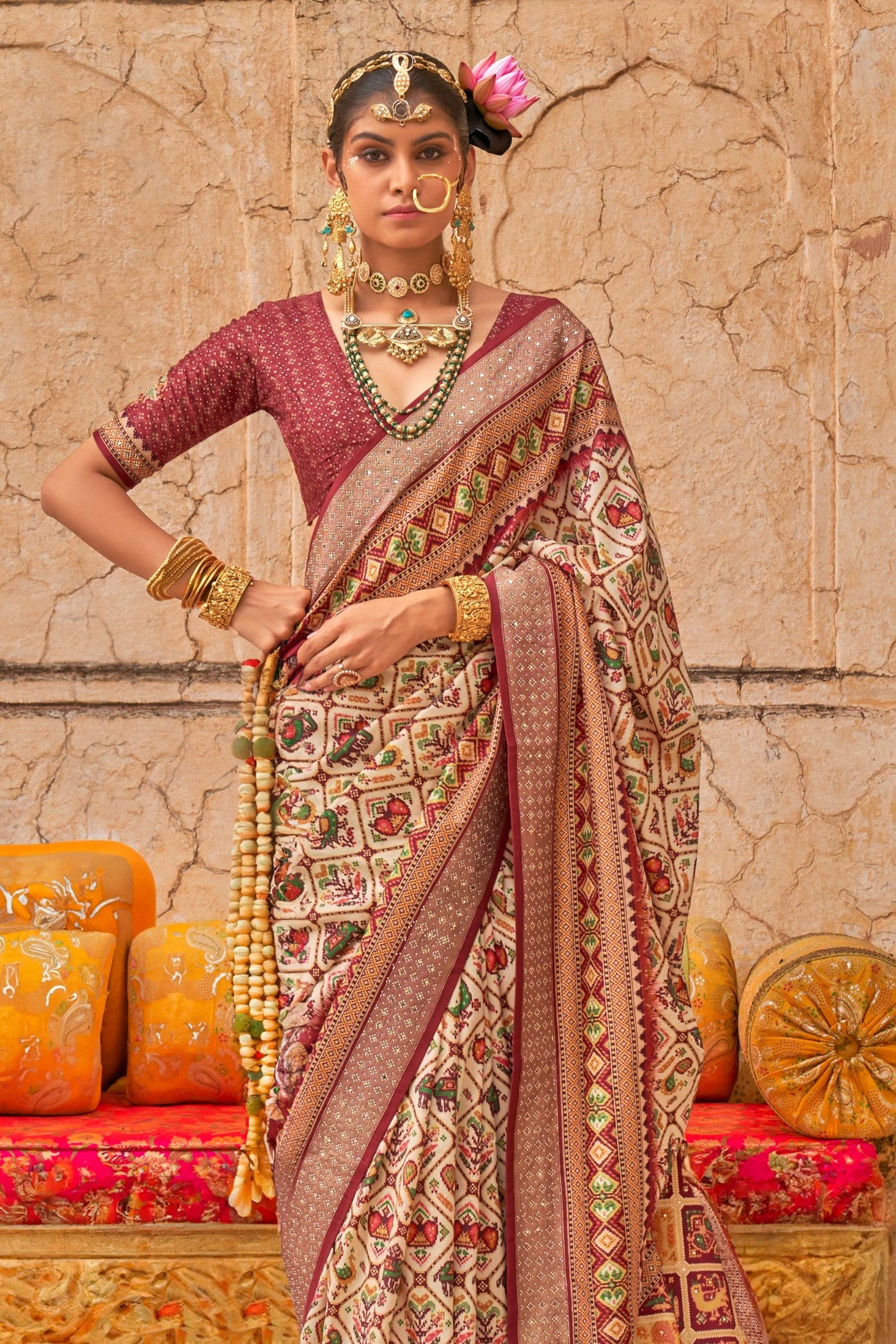 Buy MySilkLove Rice Cream Printed Patola Saree Online