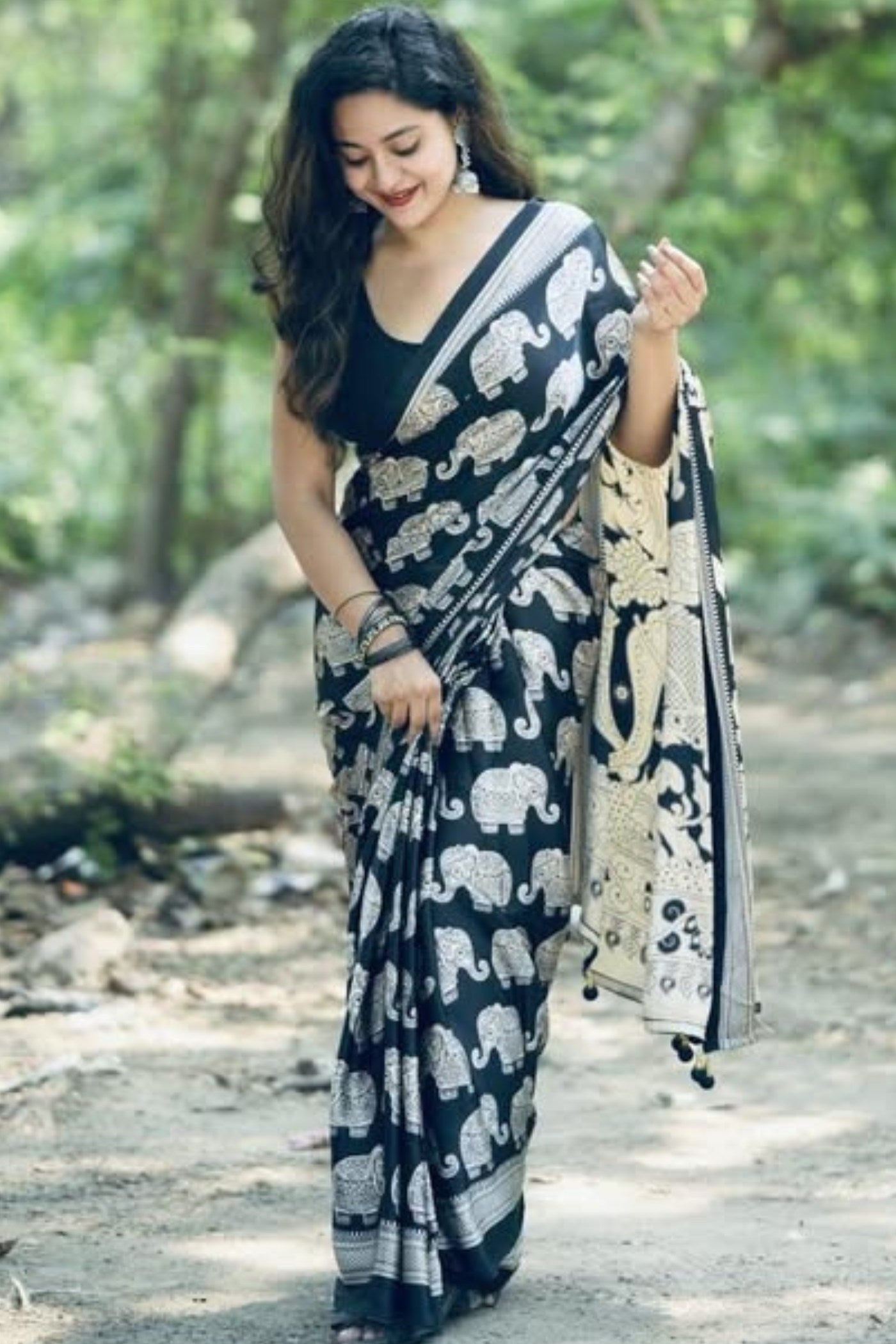Buy MySilkLove Black Eel Ajrakh Printed Satin Crepe Silk Saree Online