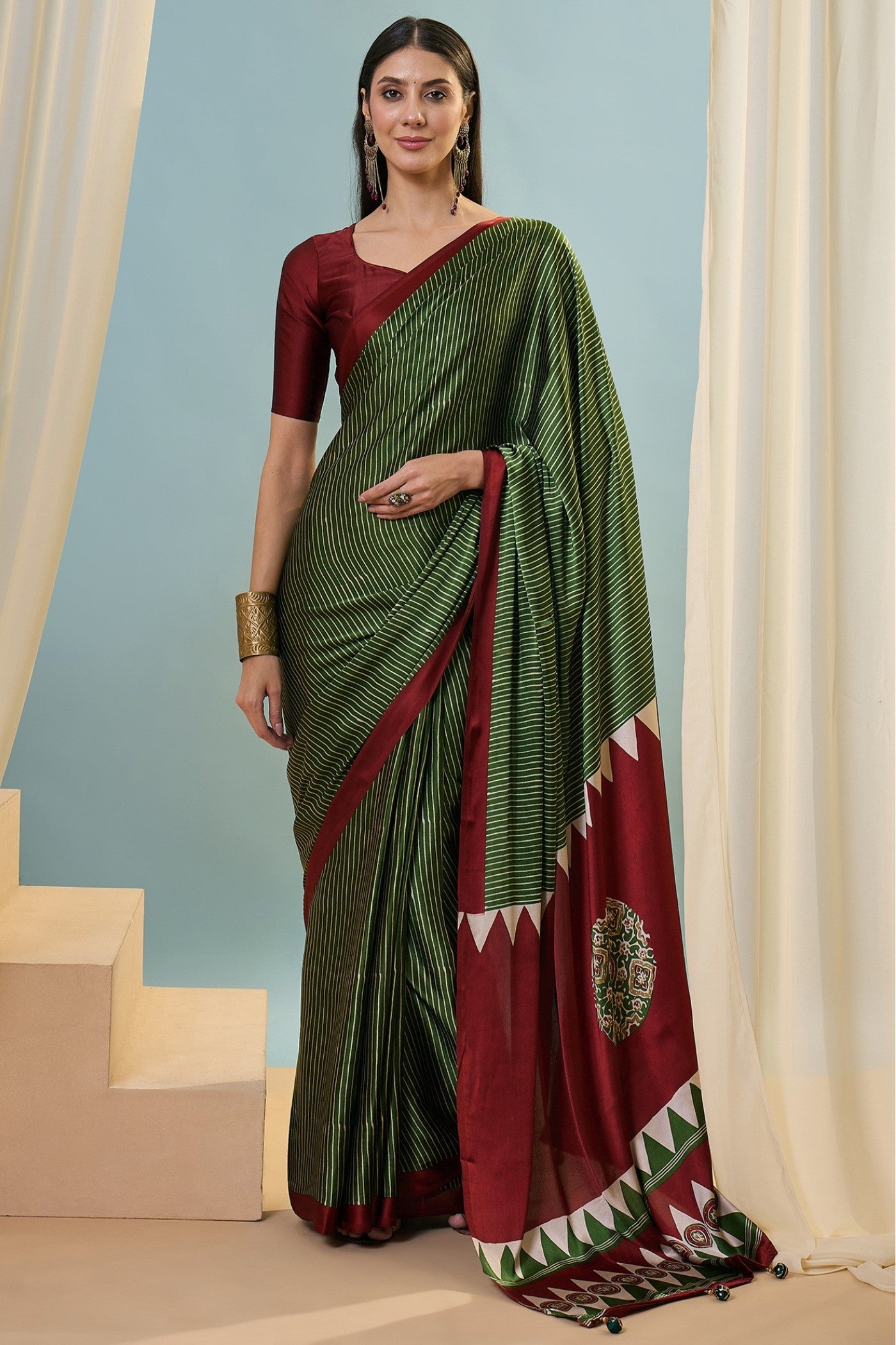 Buy MySilkLove Ember Green Ajrakh Printed Satin Crepe Silk Saree Online