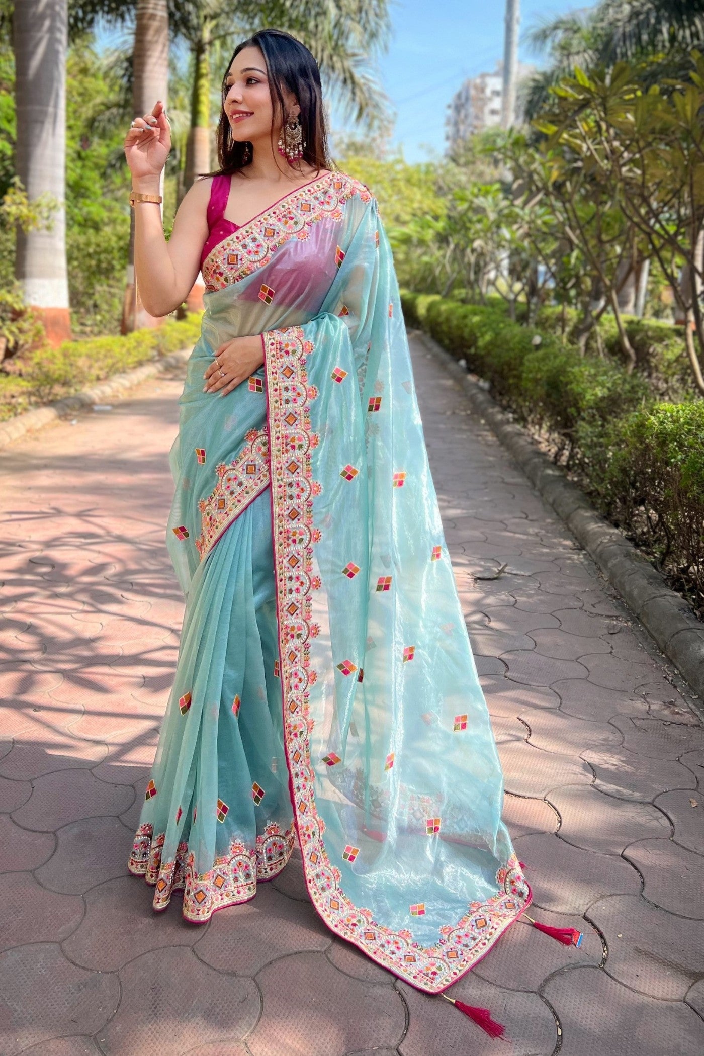 Buy MySilkLove Sky Blue Embroidered Tissue Silk Saree Online