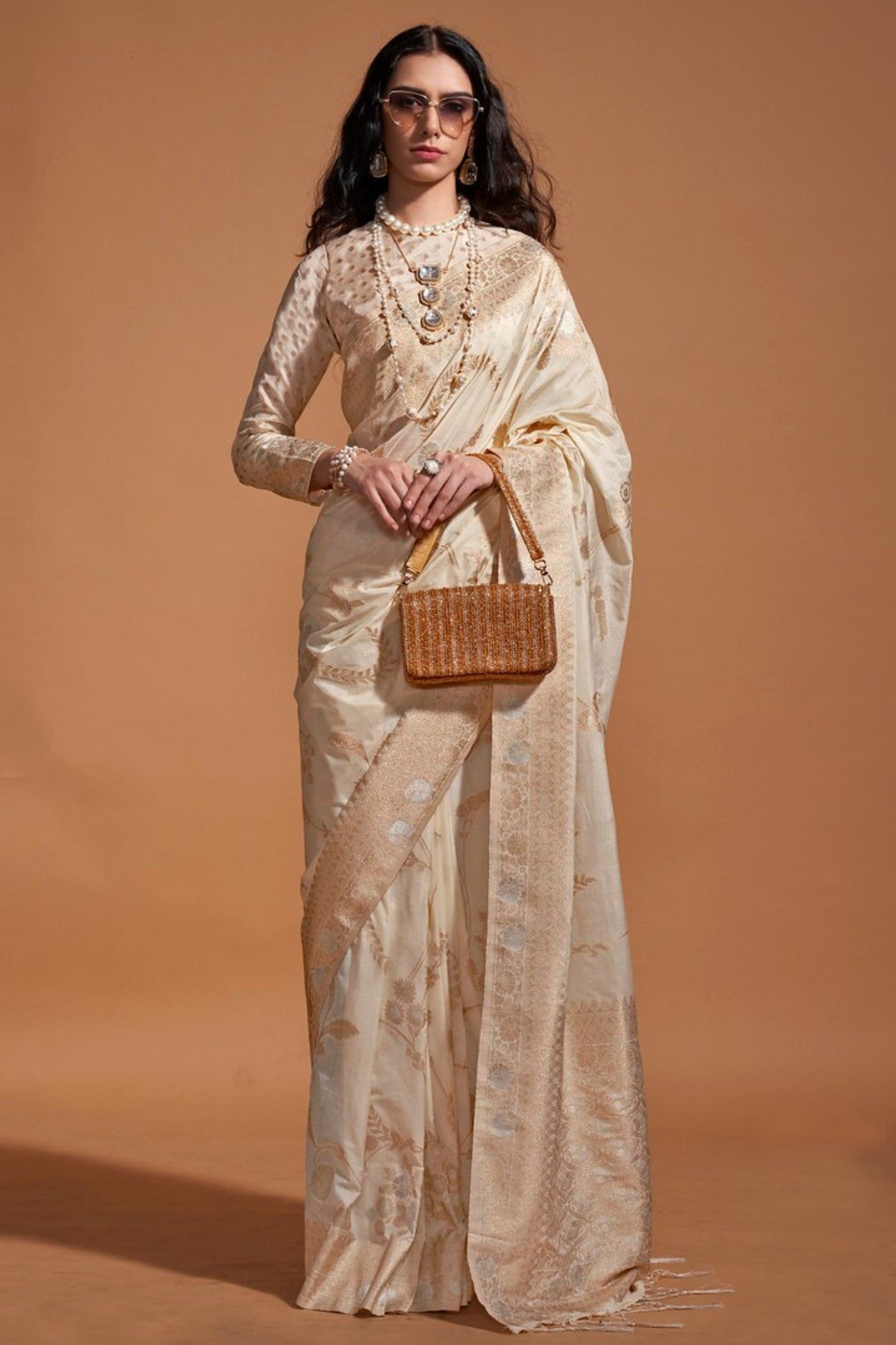 Buy MySilkLove Stack Cream Georgette Handloom Saree Online