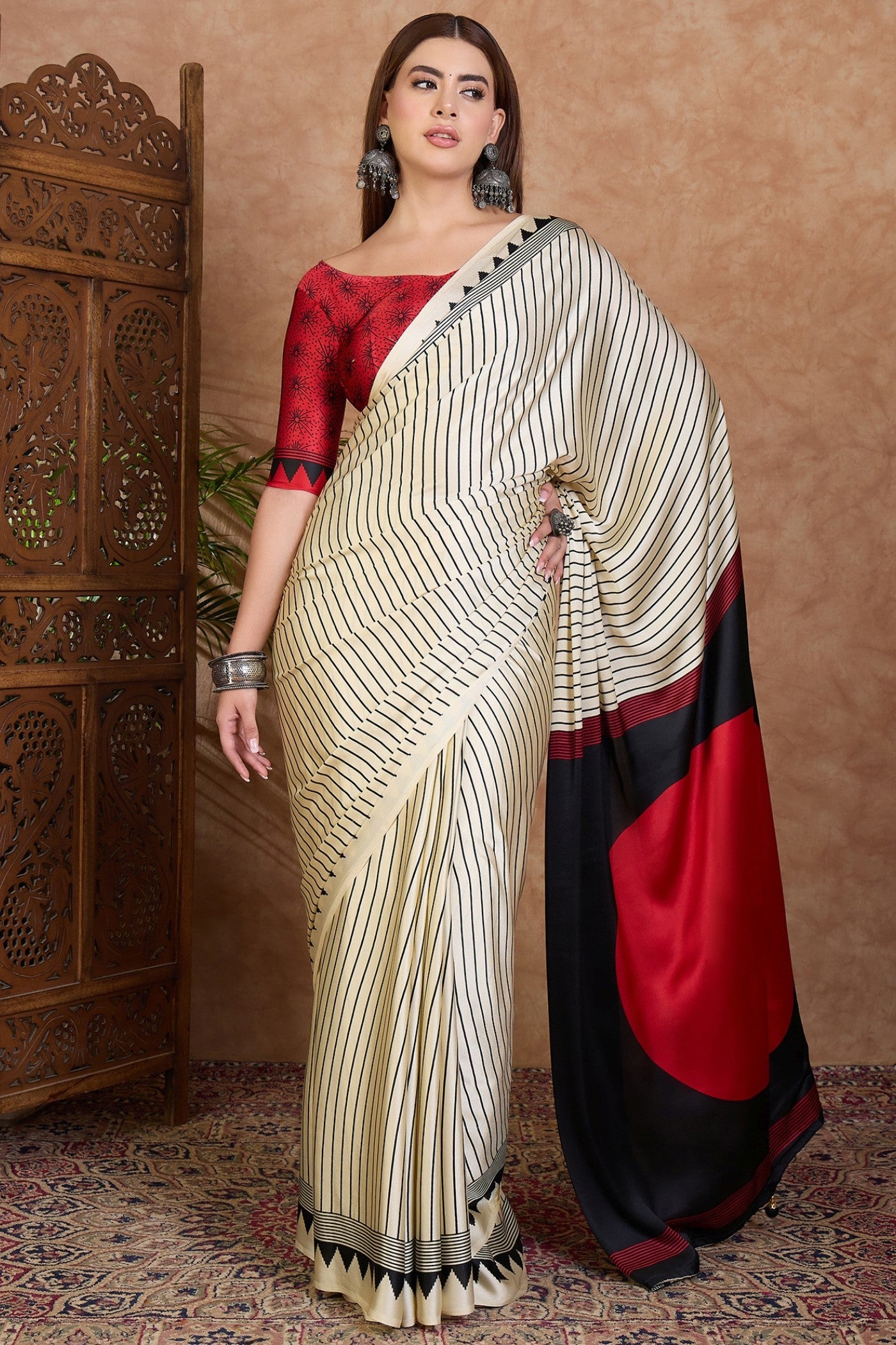 Buy MySilkLove Bone White and Red Stripe Ajrakh Printed Satin Crepe Silk Saree Online
