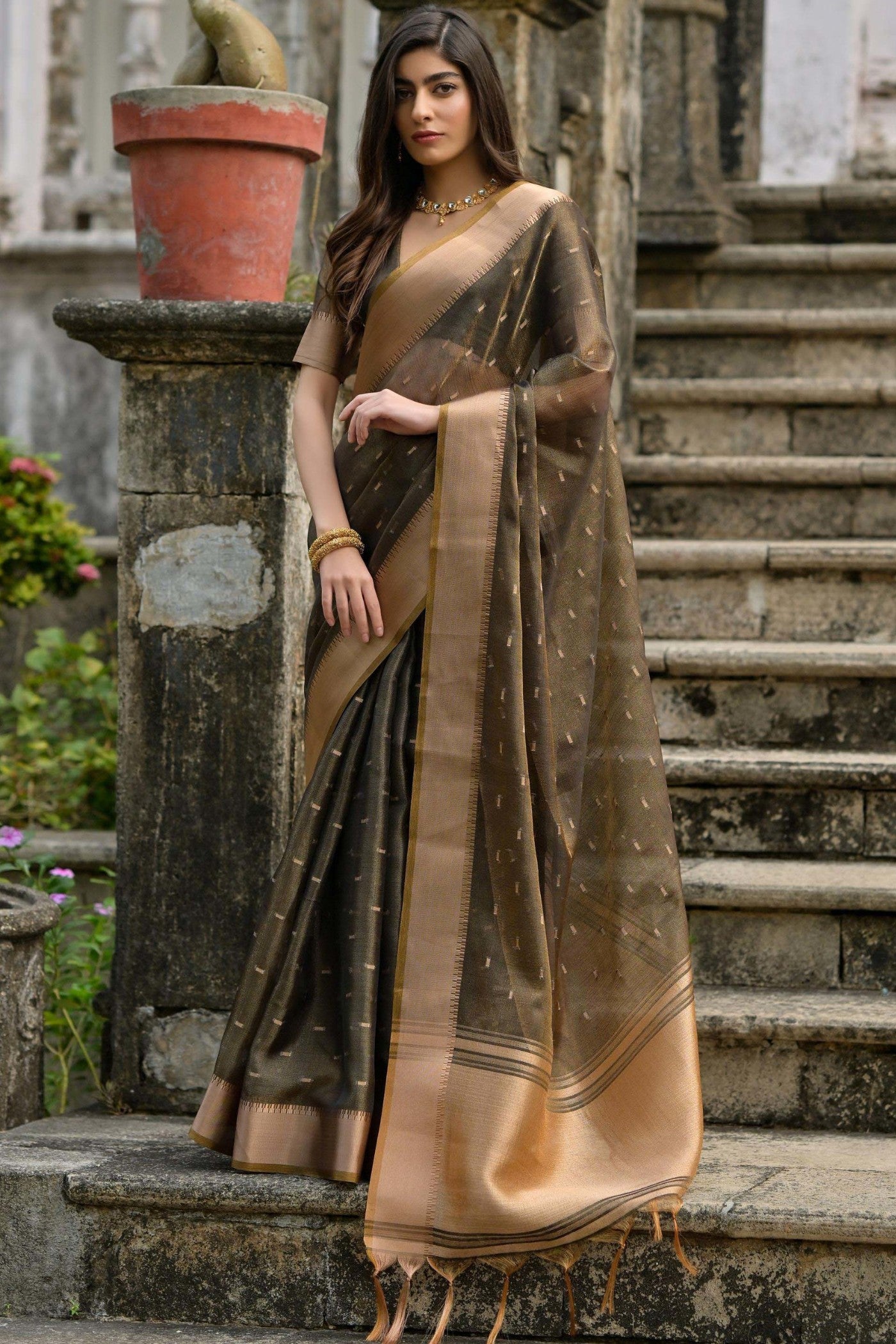 Buy MySilkLove Moss Brown Woven Banarasi Saree Online