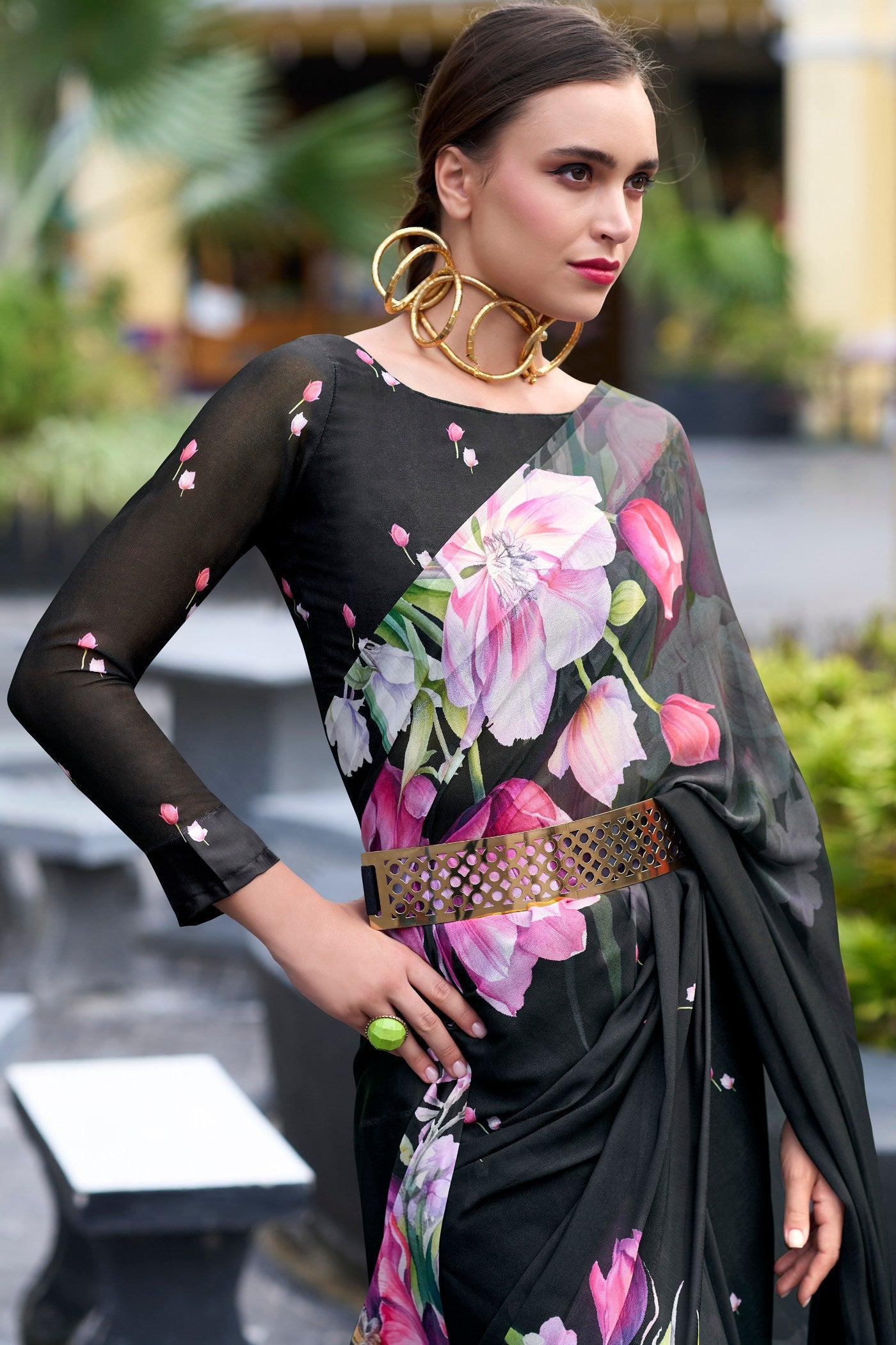 Buy MySilkLove Bunker Black Printed Georgette Saree Online