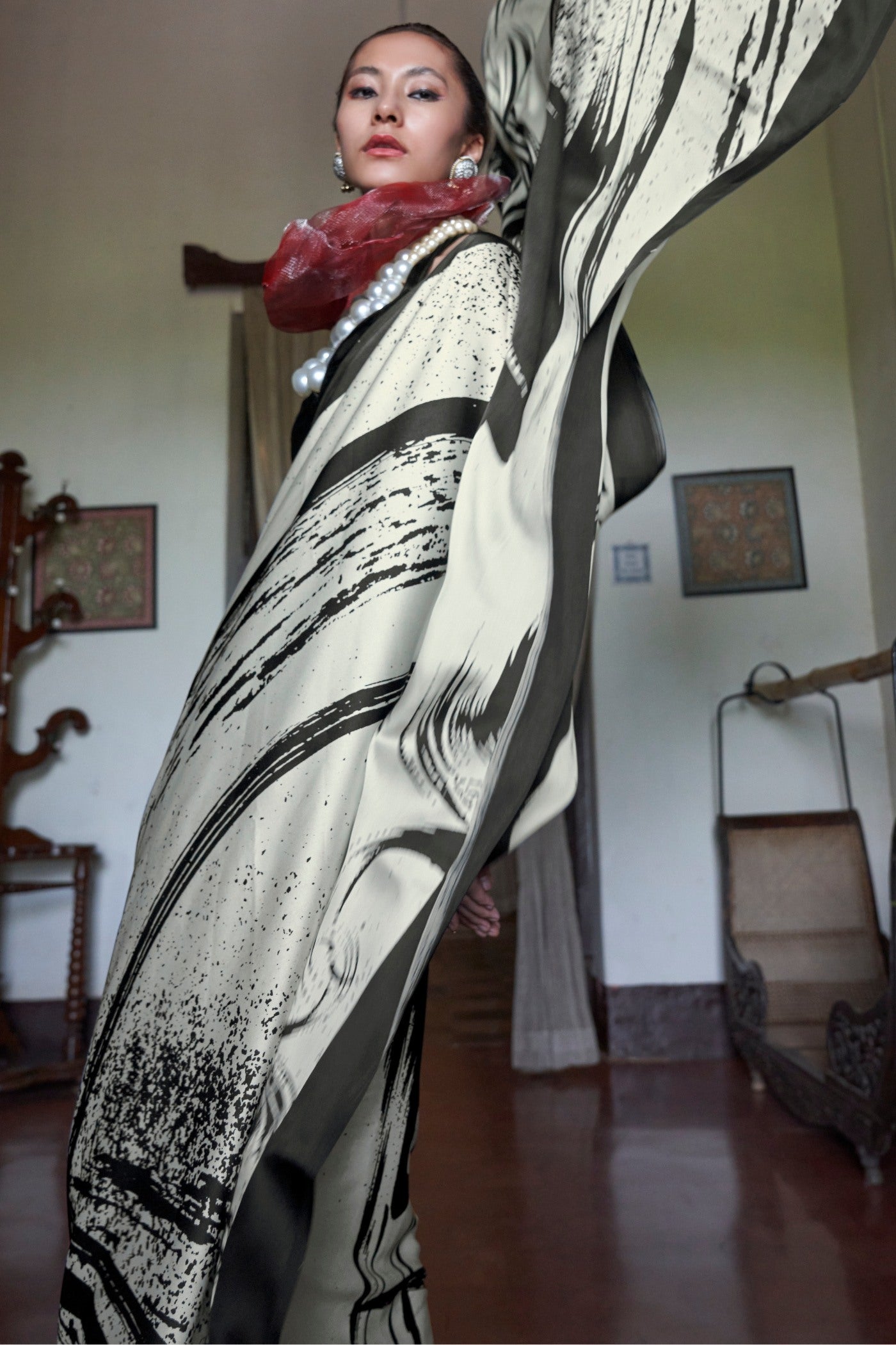 Buy MySilkLove Black Raisins and White Printed Satin Crepe Silk Saree Online