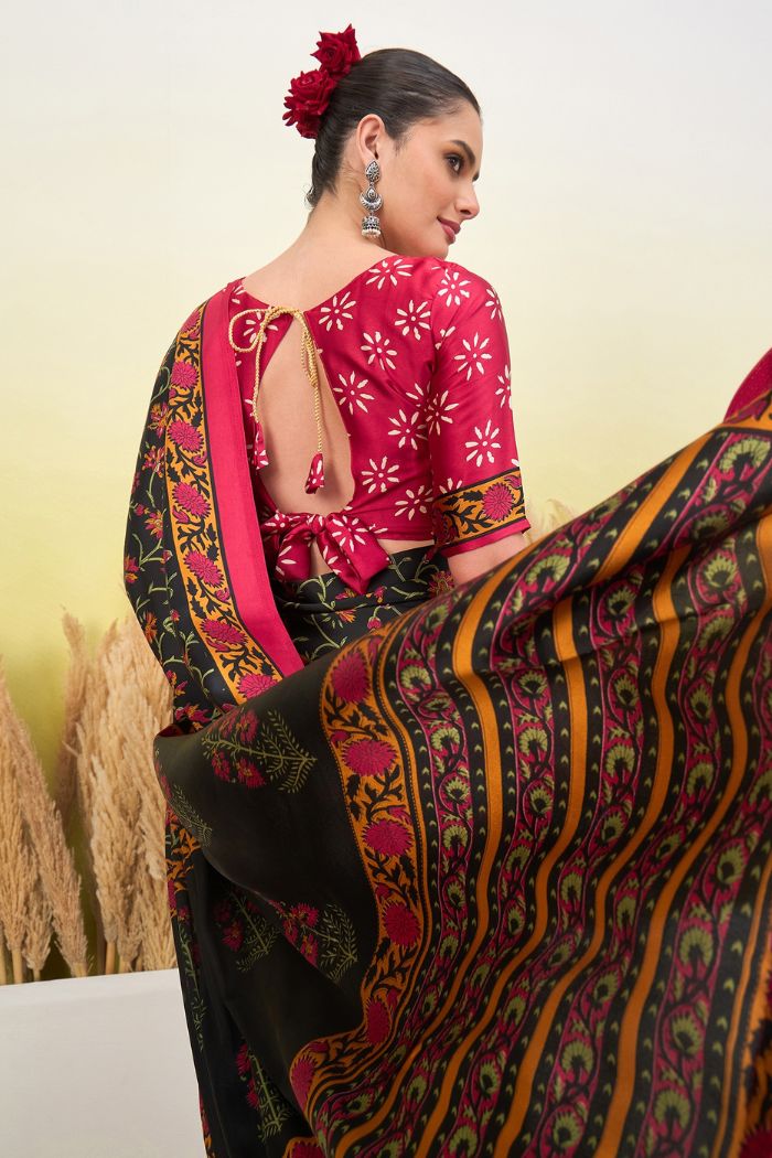 Buy MySilkLove Black Eel Modal Satin Printed Silk Saree Online