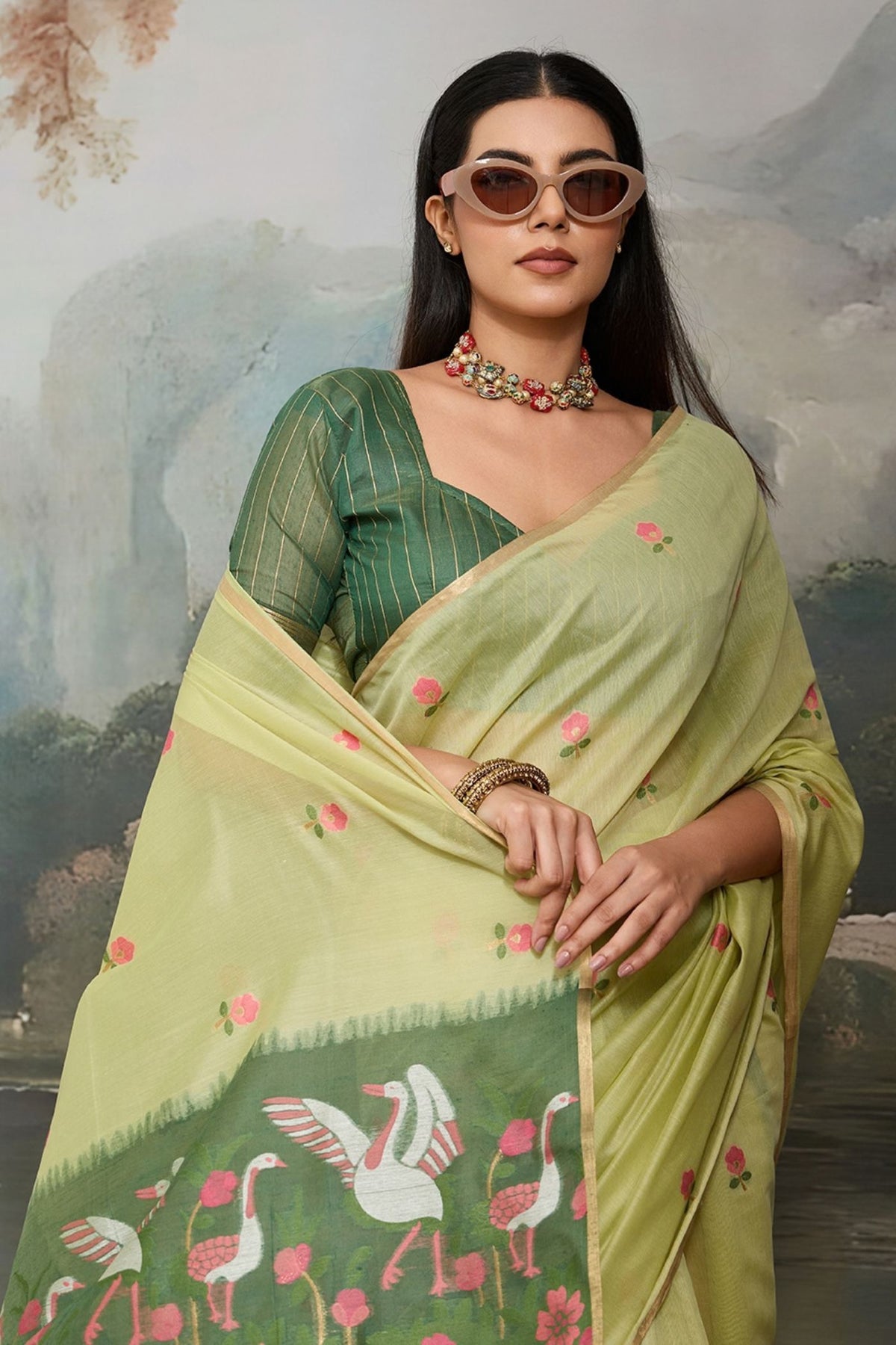 MySilkLove Willow Green Cotton Handloom Swan Saree