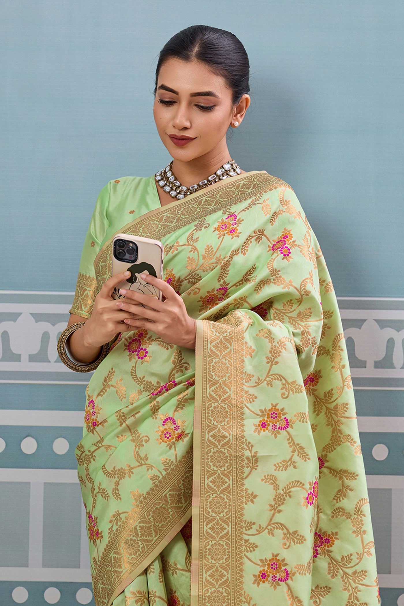 MySilkLove Pista Green Woven Banarasi Saree