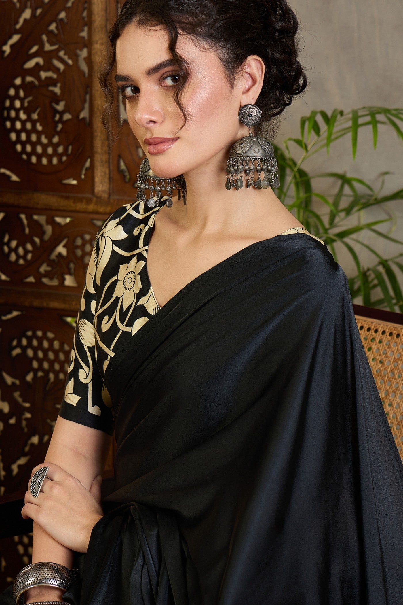 Buy MySilkLove Crow Black and Cream Kalamkari Printed Satin Silk Saree Online