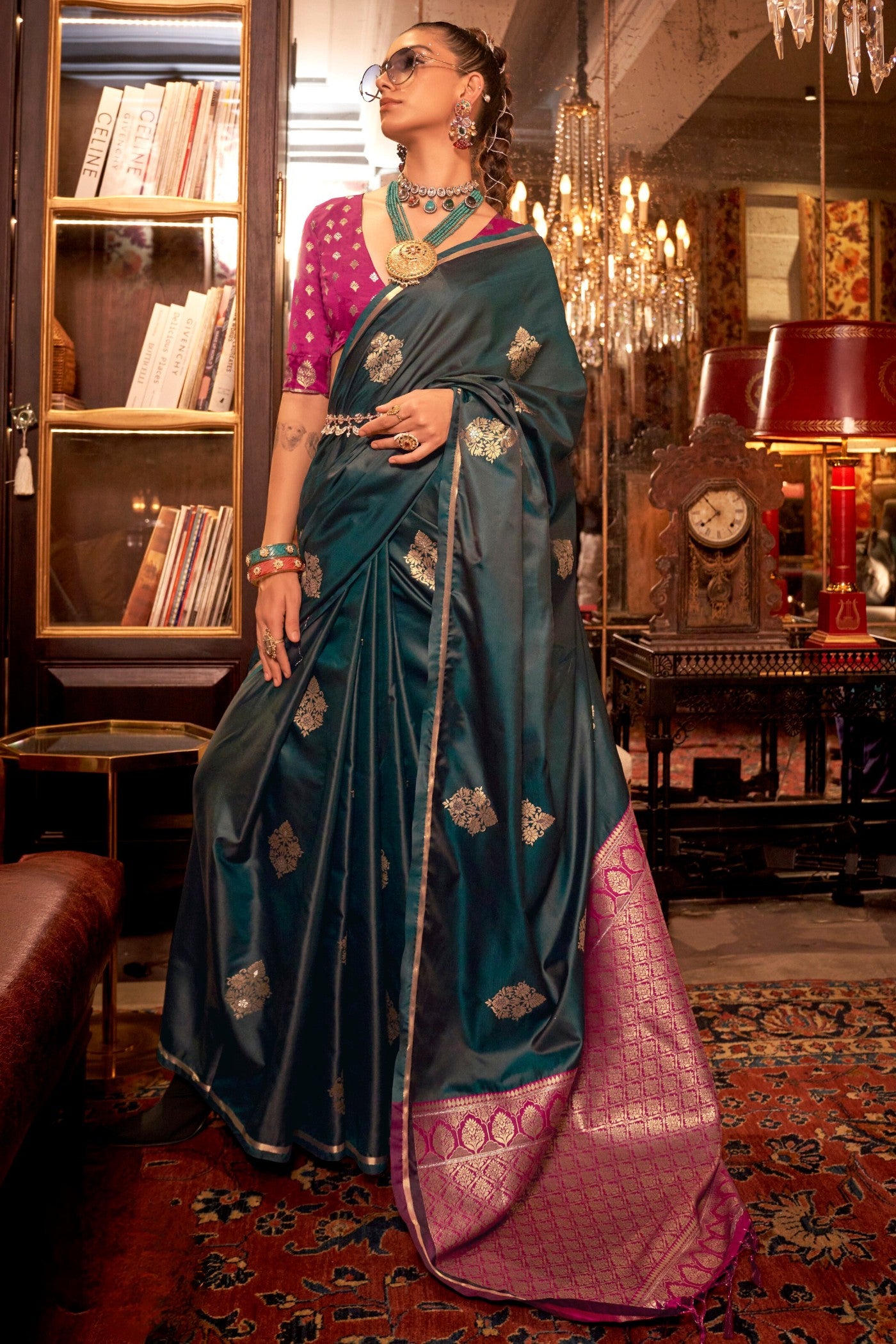 Buy MySilkLove Bunker Green Banarasi Satin Saree Online