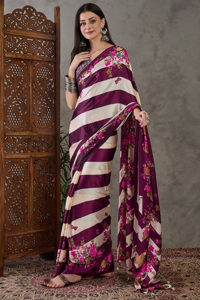 Buy MySilkLove Cosmic Purple Stripe Printed Floral Satin Gaji Silk Saree Online