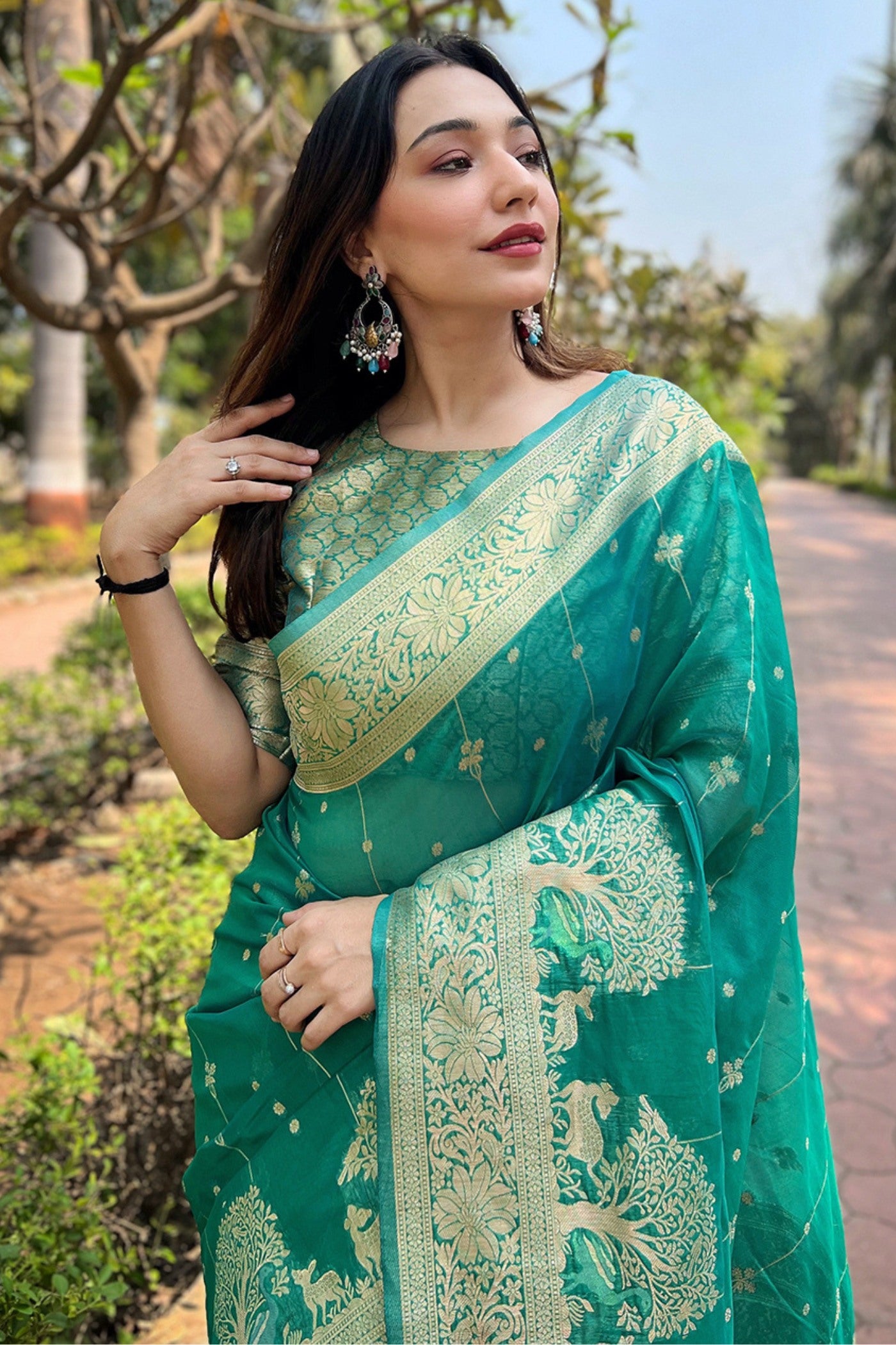 Buy MySilkLove Roma Green Zari Woven Organza Saree Online