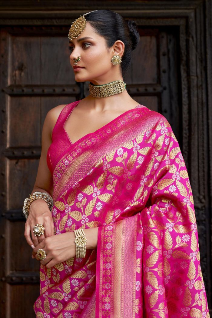 MySilkLove Hibiscus Pink Woven Banarasi Saree