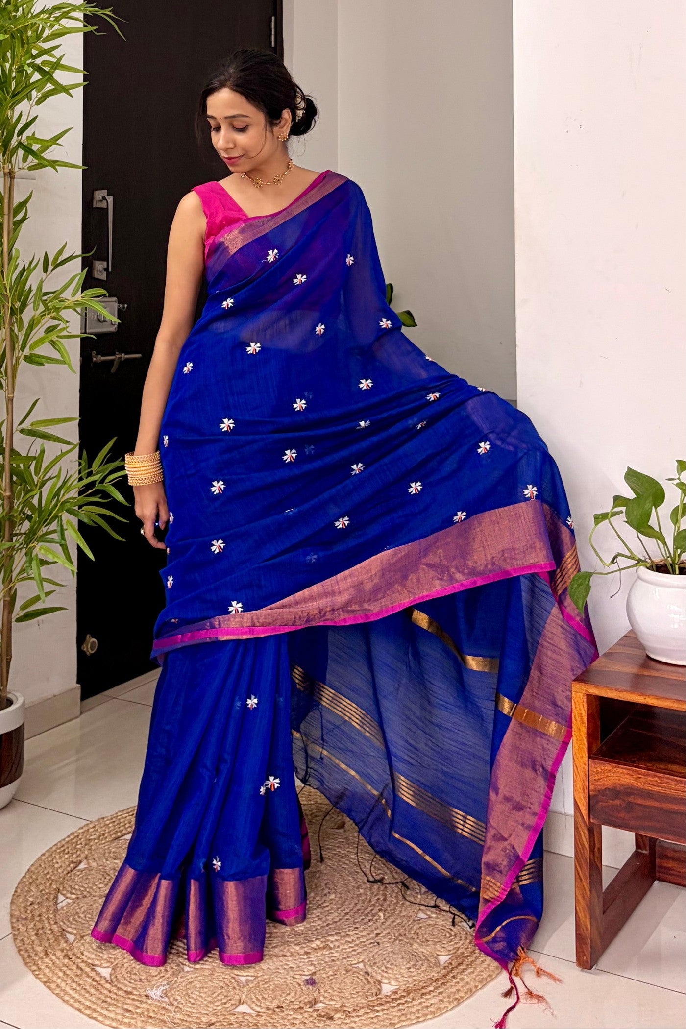 Buy MySilkLove Havelock Blue Handloom Cotton Prajakta Flower Butti Saree Online