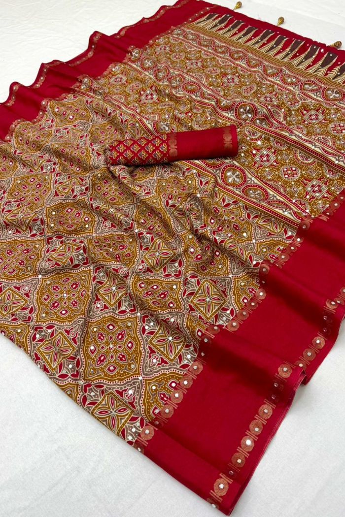 Buy MySilkLove Maroon Border Black and White Ajrakh Printed Satin Silk Saree Online