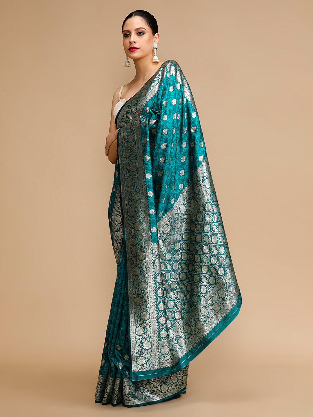 MySilkLove Viridian Green Woven Jacquard Lichi Silk Saree