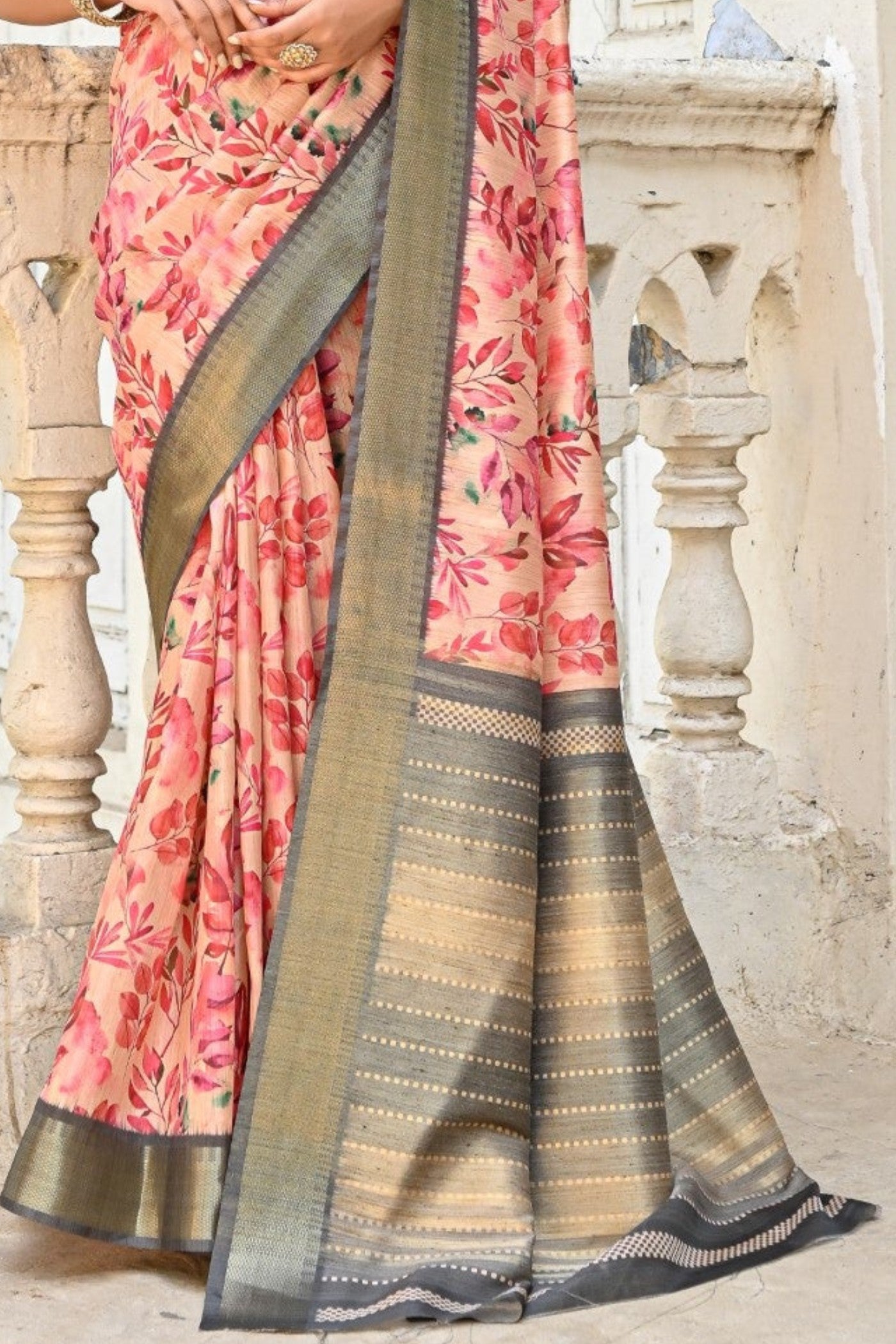 Buy MySilkLove Tonys Peach Tussar Printed Silk Saree Online