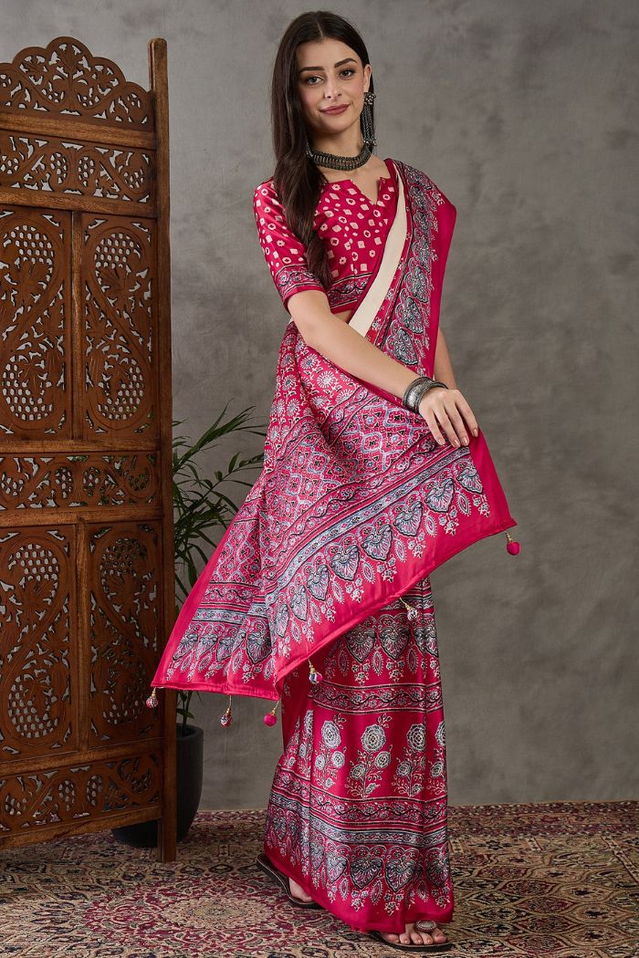 Buy MySilkLove Dust Cream and Red Ajrakh Printed Satin Gaji Silk Saree Online