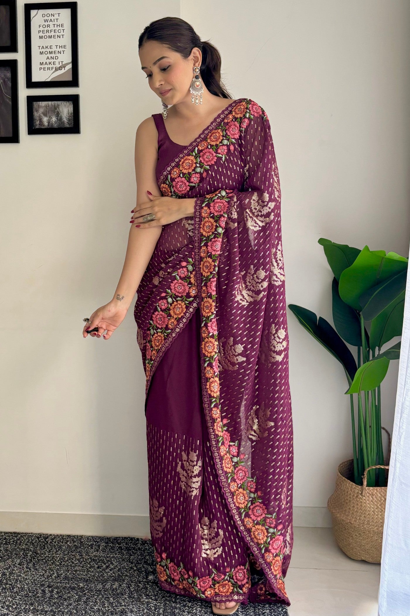 Buy MySilkLove Wine Purple Embroidery Designer Georgette Saree Online