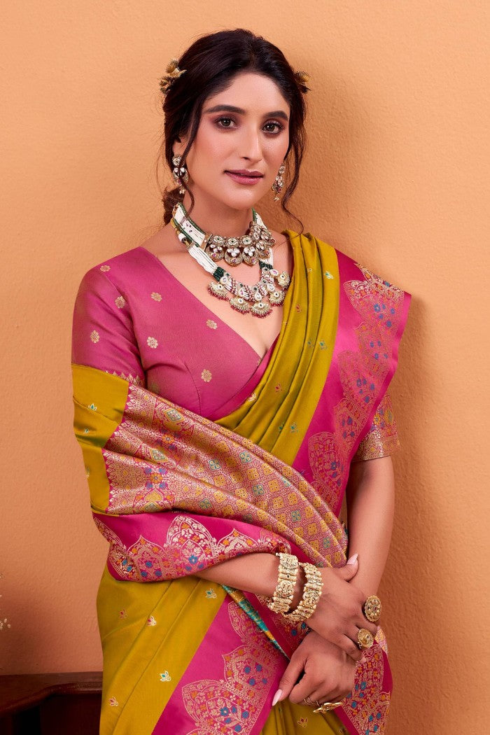 Buy MySilkLove Daffodil Yellow Woven Satin Soft Silk Saree Online