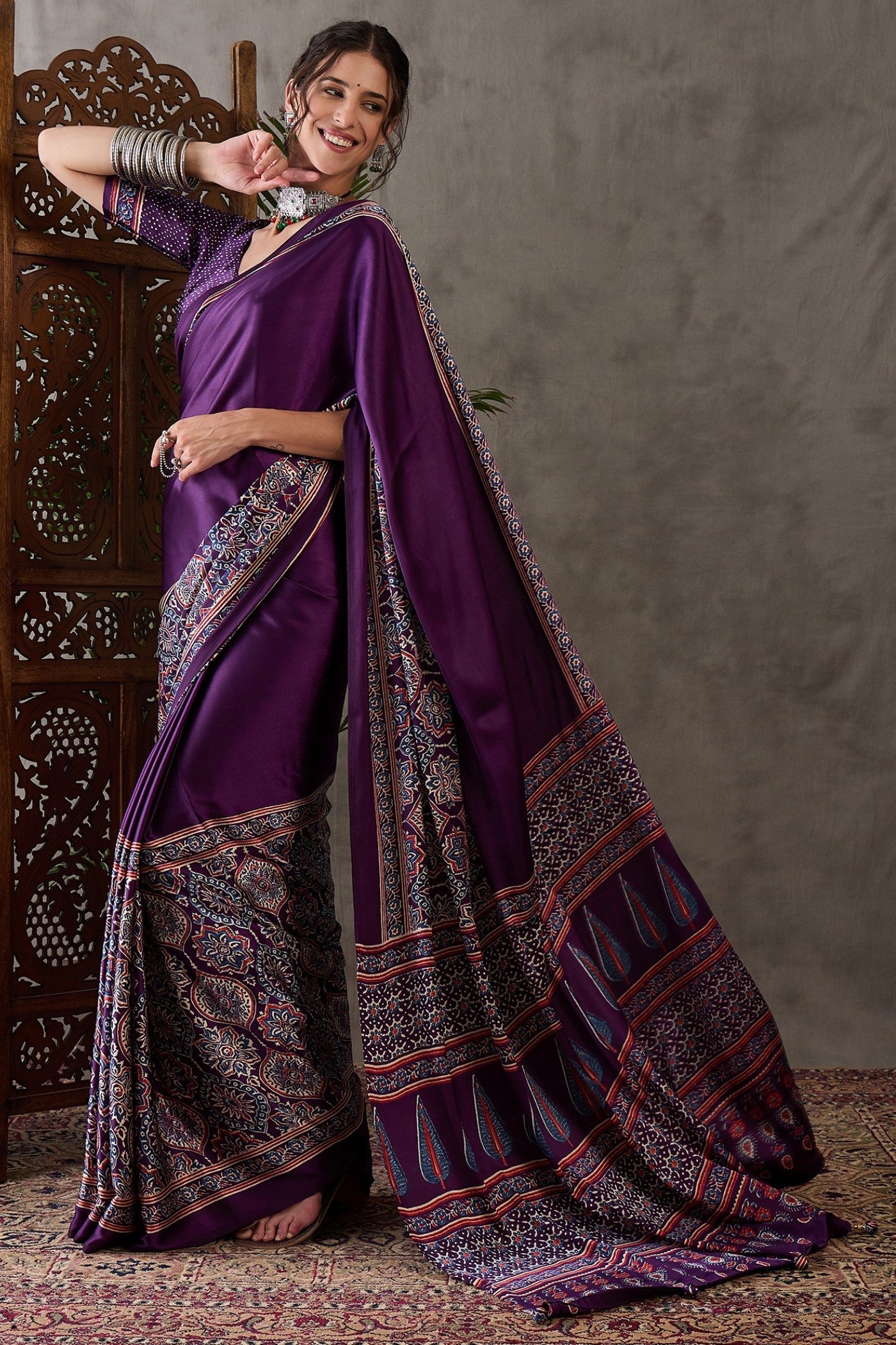 MySilkLove Brinjal Purple Printed Satin Gaji Silk Saree