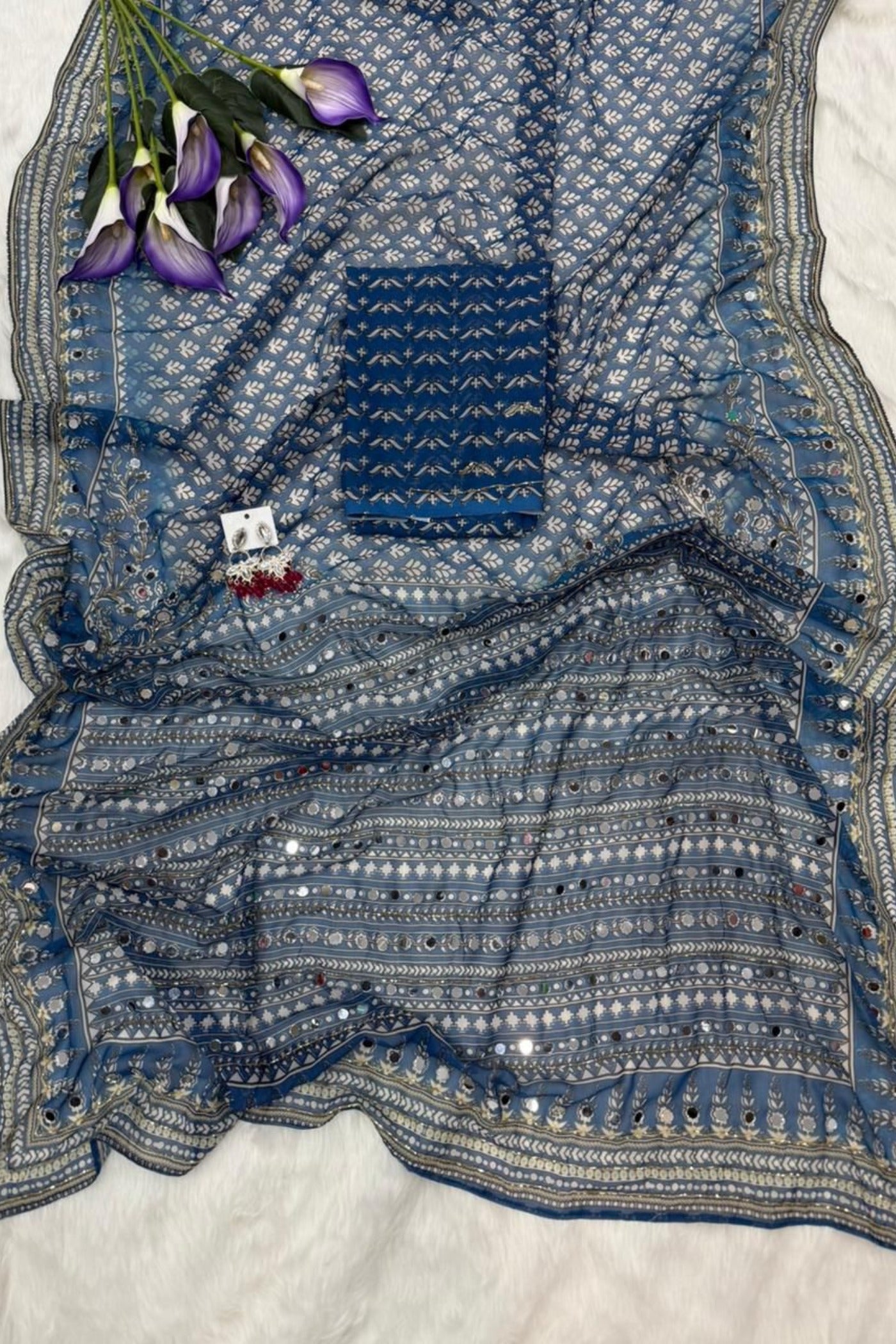 Buy MySilkLove Calypso Blue Ajrakh Georgette Printed Mirror Work Saree Online