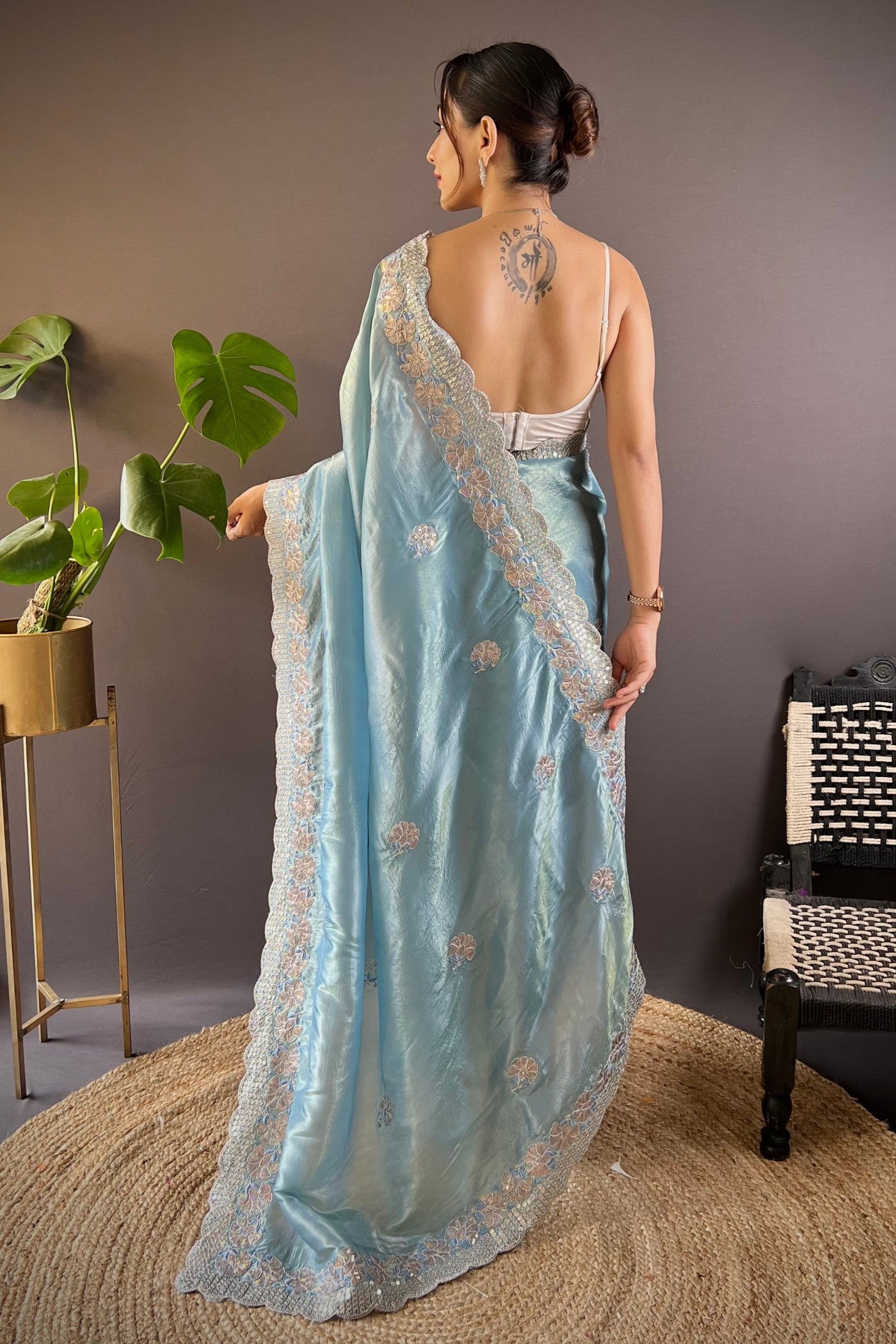 Buy MySilkLove Gothic Blue Embroidered Party Wear Saree Online