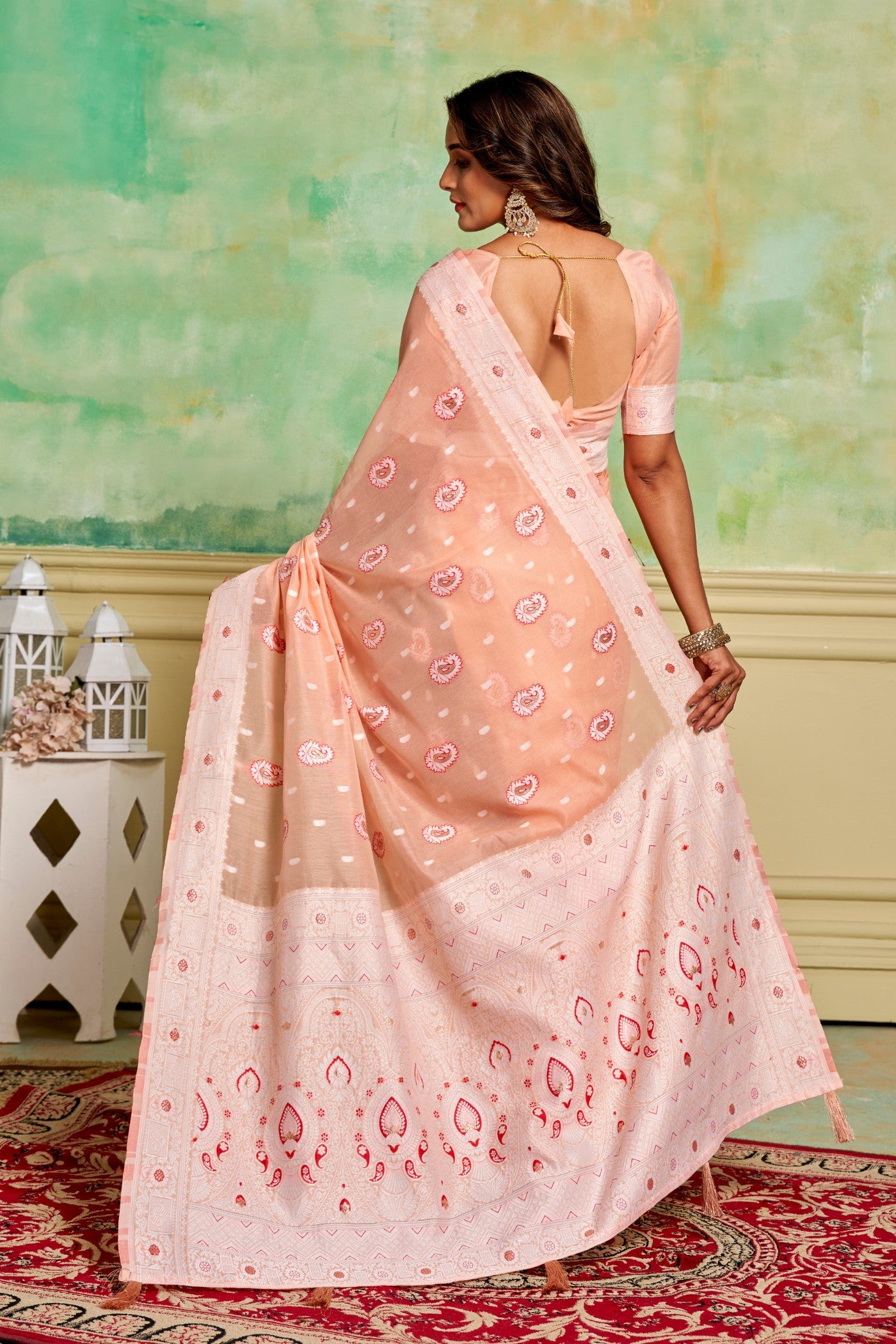 Buy MySilkLove Salmon Peach Woven Cotton Saree Online