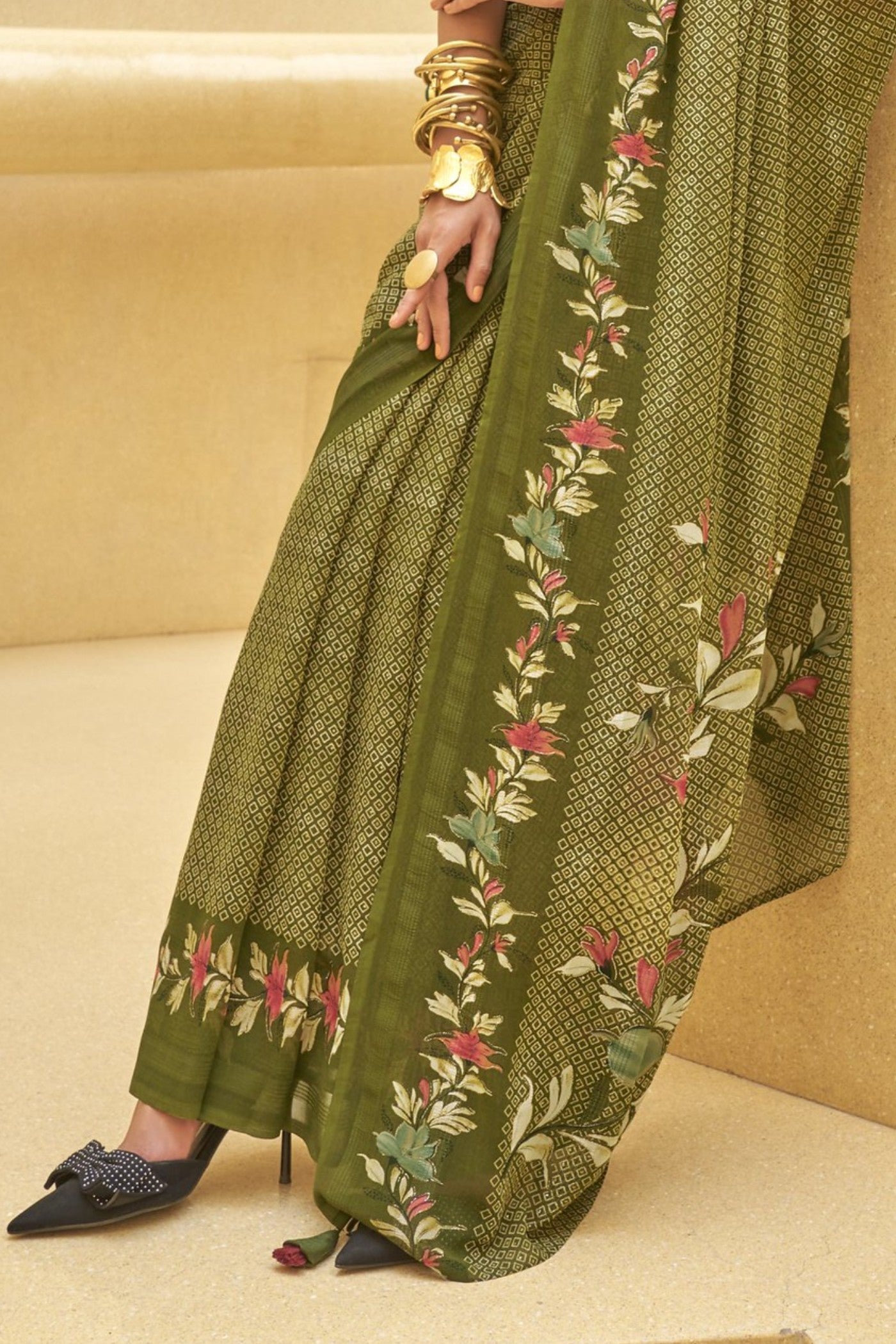 Buy MySilkLove Pine Green Georgette Printed Saree Online