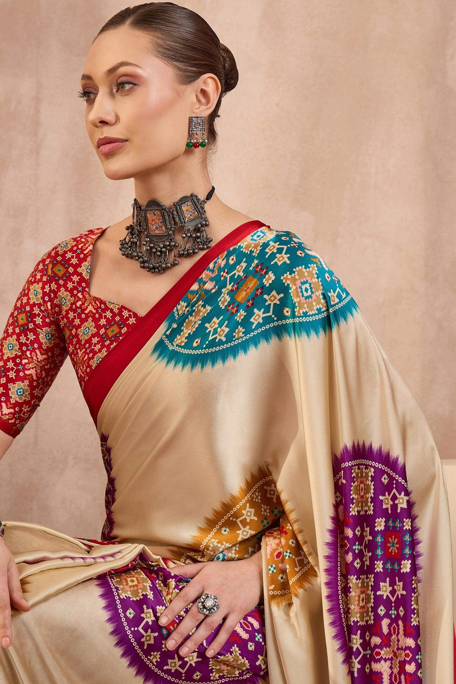 MySilkLove Bright Cream and Red Modal Ajrakh Printed Silk Saree