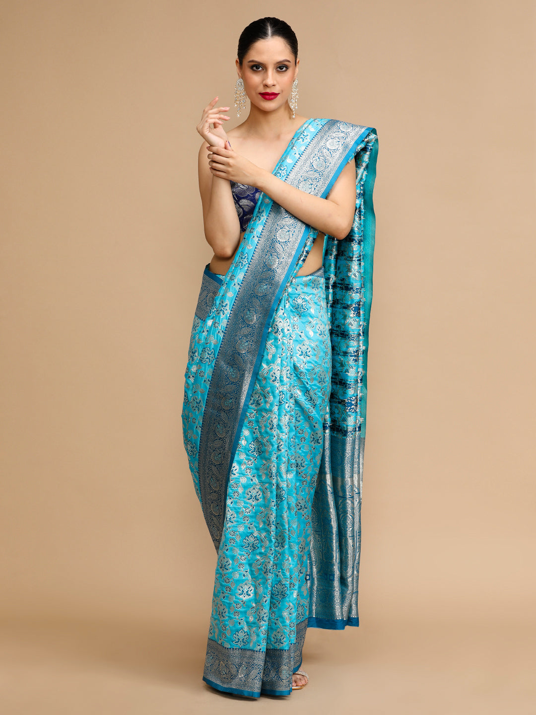 Buy MySilkLove Tiffany Blue Woven Jacquard Lichi Silk Saree Online