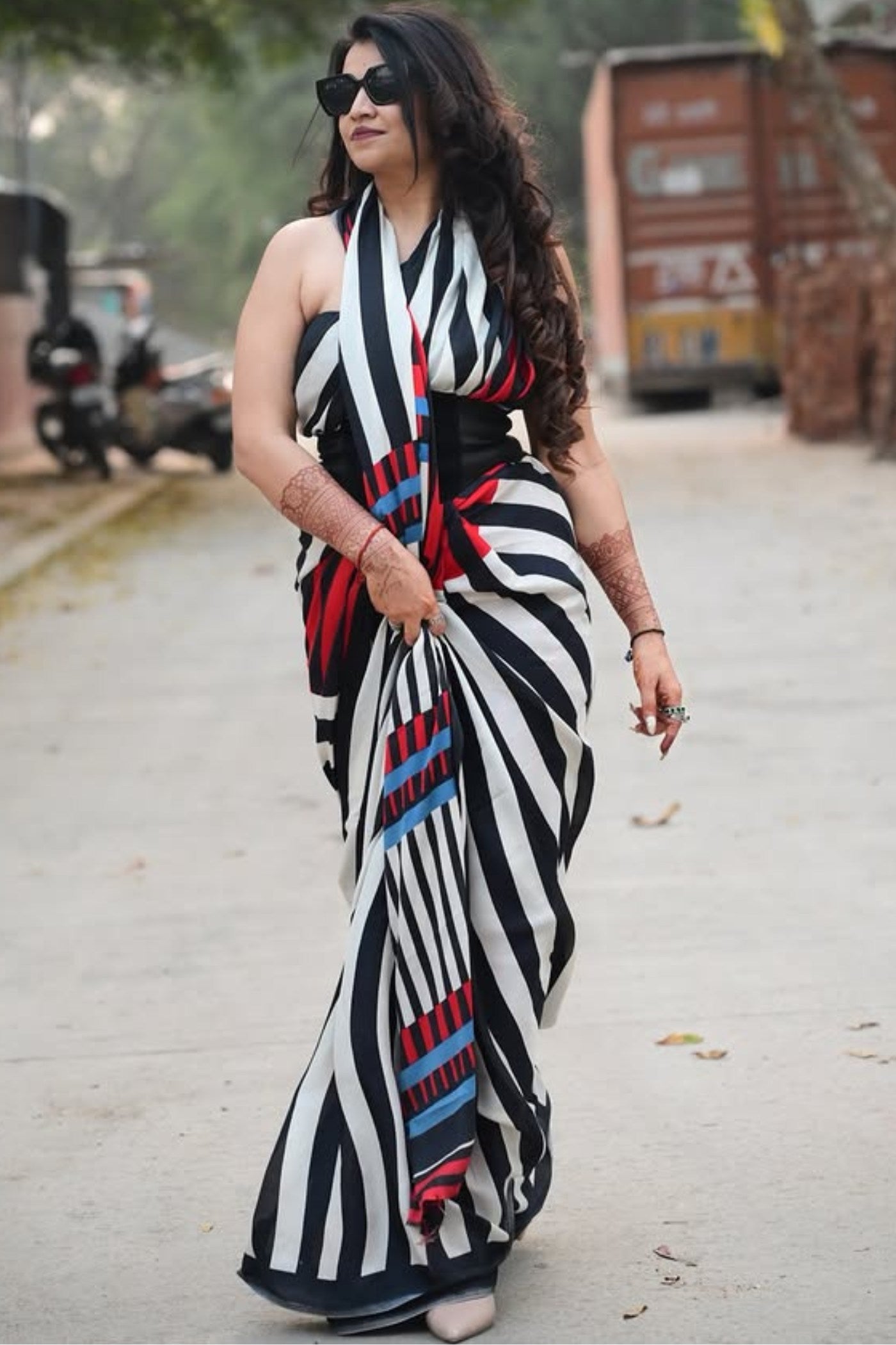 Buy MySilkLove Aced Black and White Stripes Printed Satin Crepe Silk Saree Online