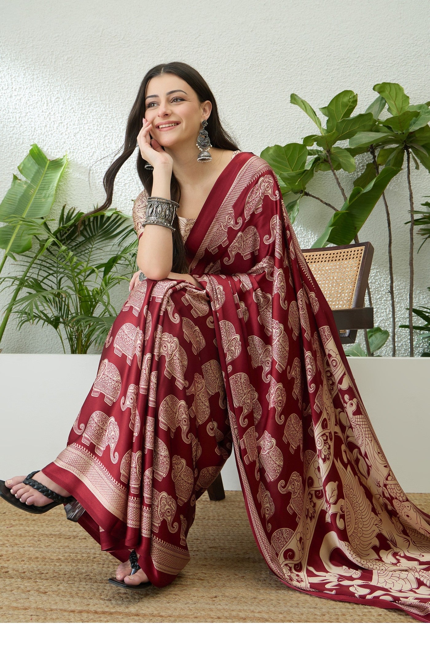 Buy MySilkLove Luxury Marron Ajrakh Printed Satin Crepe Silk Saree Online