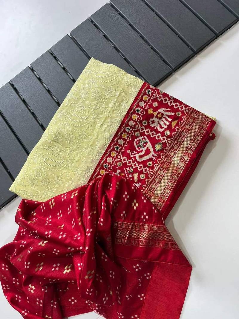 Buy MySilkLove Calico Yellow Embroidery Chikankari Patola Handloom Saree Online