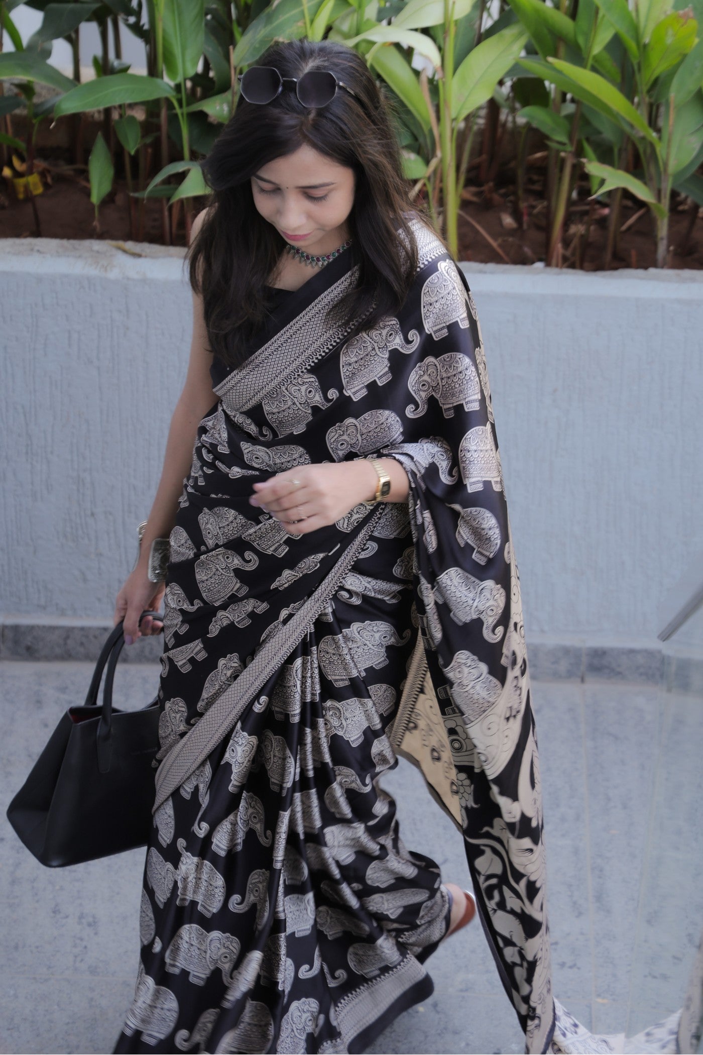 Buy MySilkLove Neutral Black Ajrakh Printed Satin Crepe Silk Saree Online