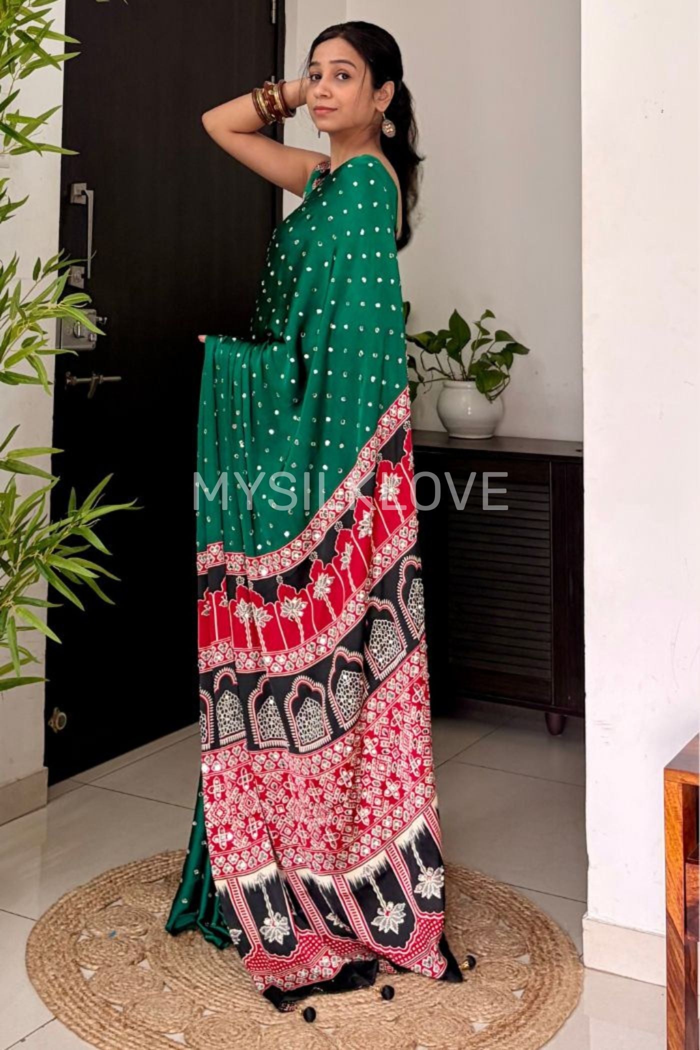 Buy MySilkLove Fire Fly Green Ajrakh Satin Printed Mirror Work Saree Online