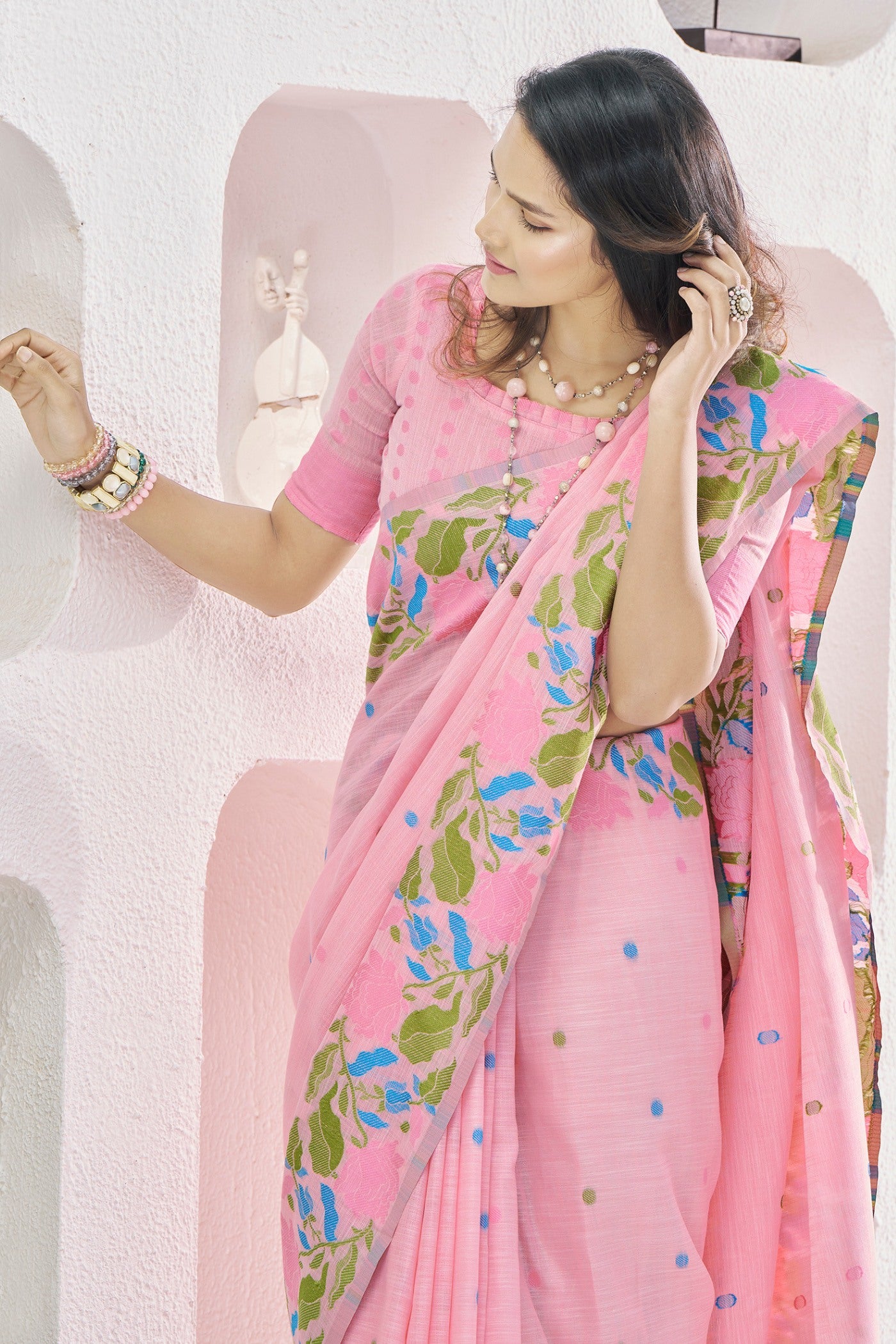 Buy MySilkLove Carissma Pink Printed Linen Saree Online