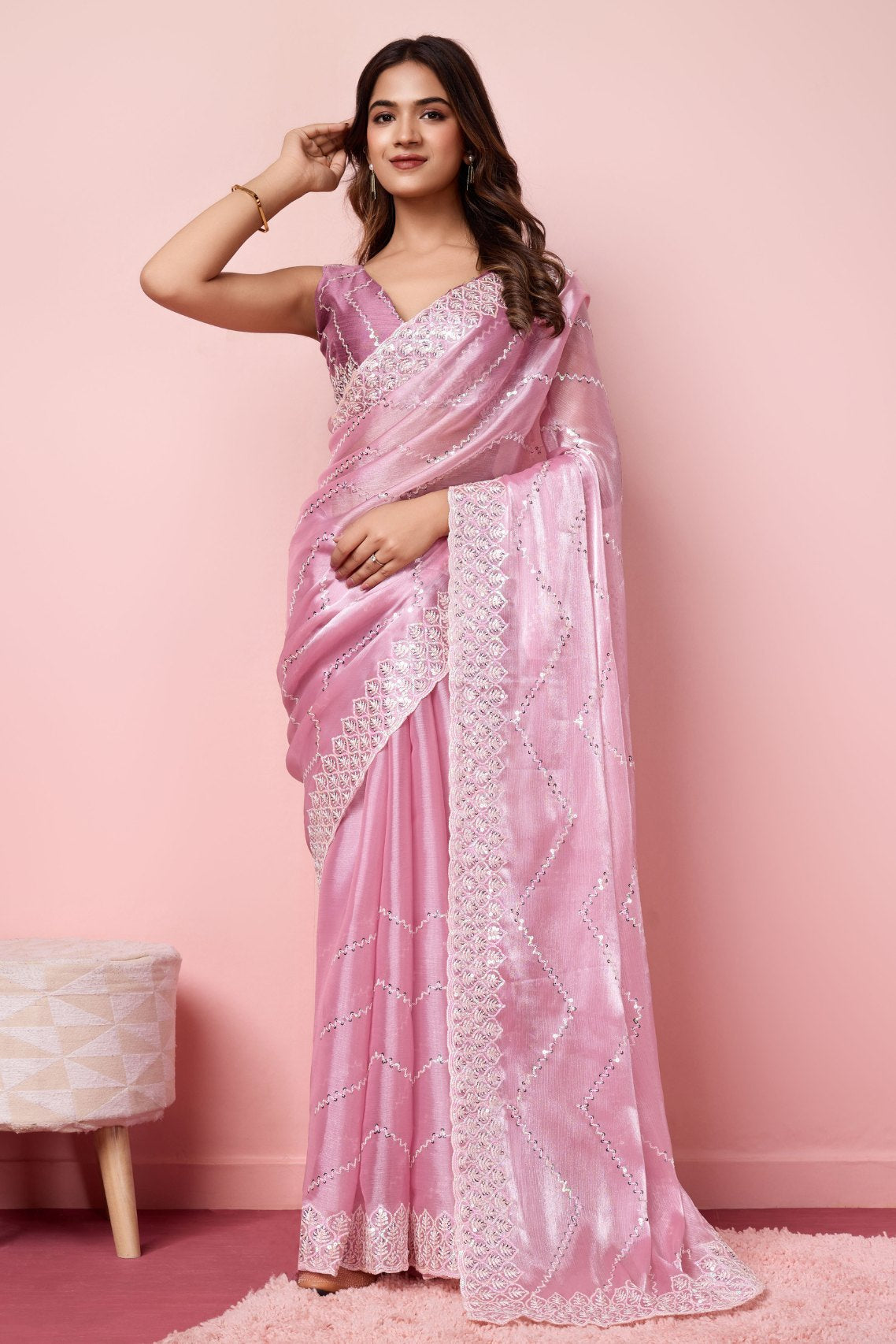 Buy MySilkLove Ballet Slipper Pink Designer Partywear Saree Online