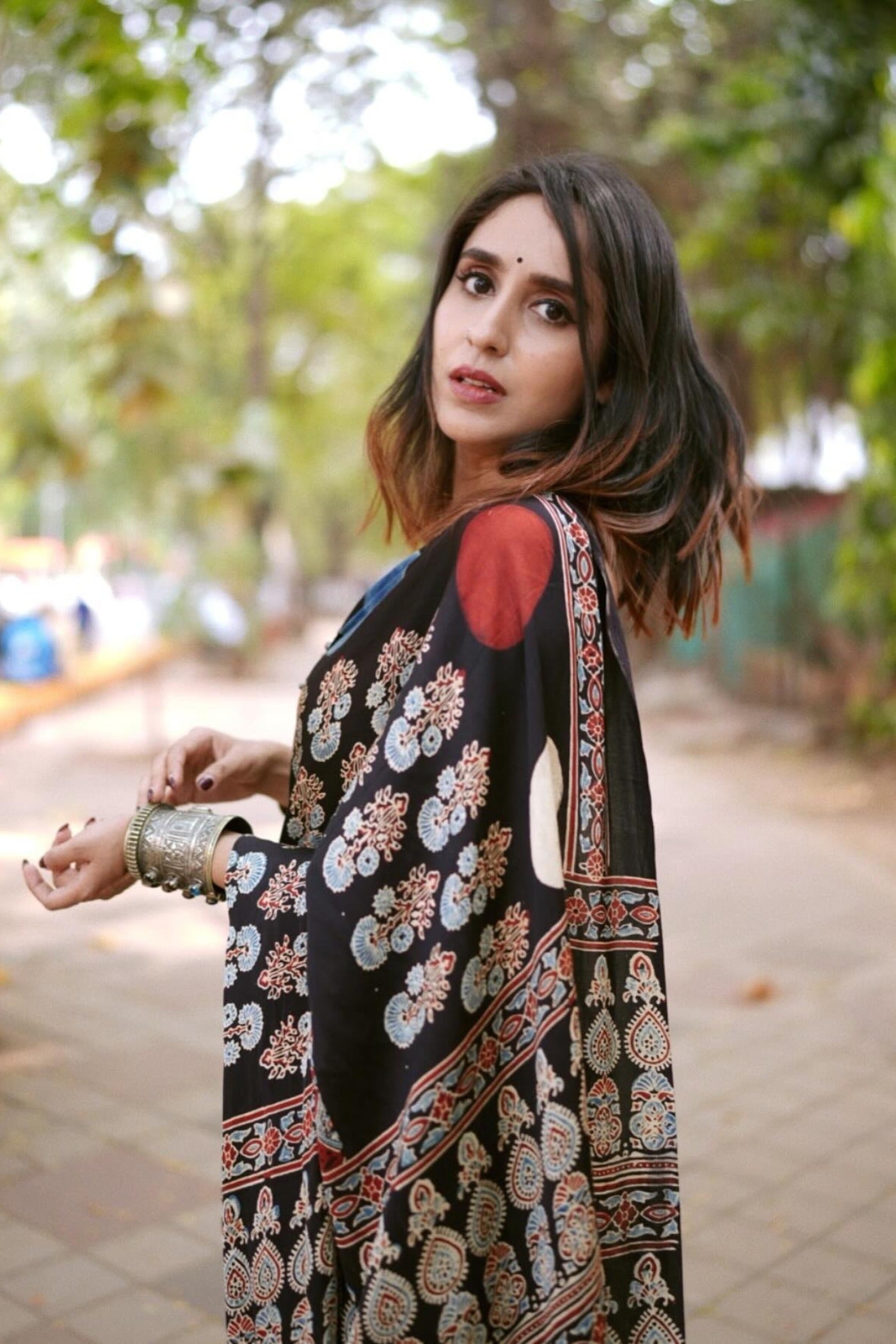 Buy MySilkLove Onyx Black Printed Polka Dots Satin Crepe Saree Online