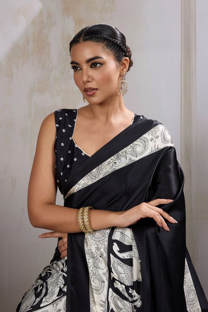 MySilkLove Raven Black Modal Ajrakh Printed Satin Silk Saree