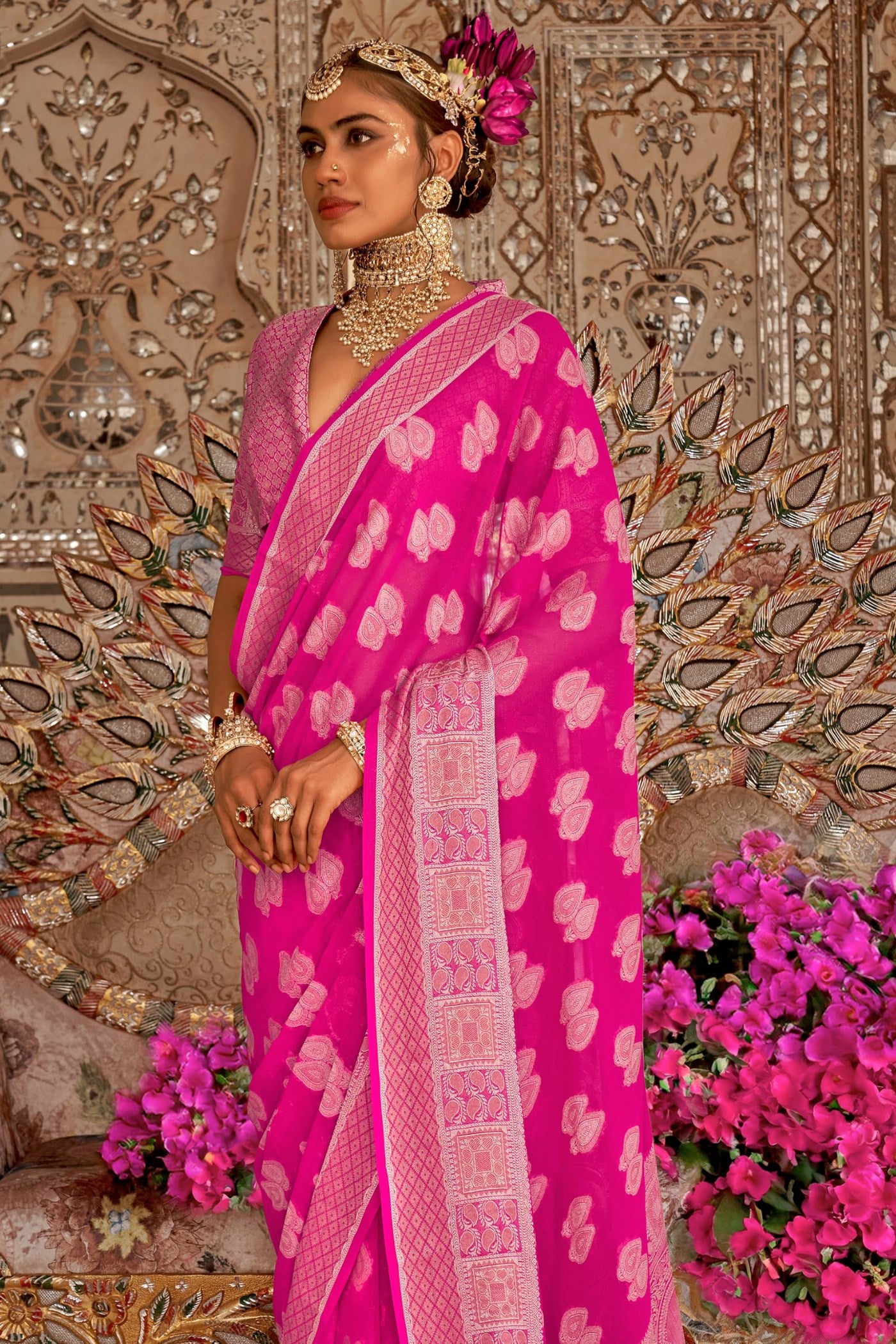 Buy MySilkLove French Rose Pink Zari Woven Georgette Saree Online