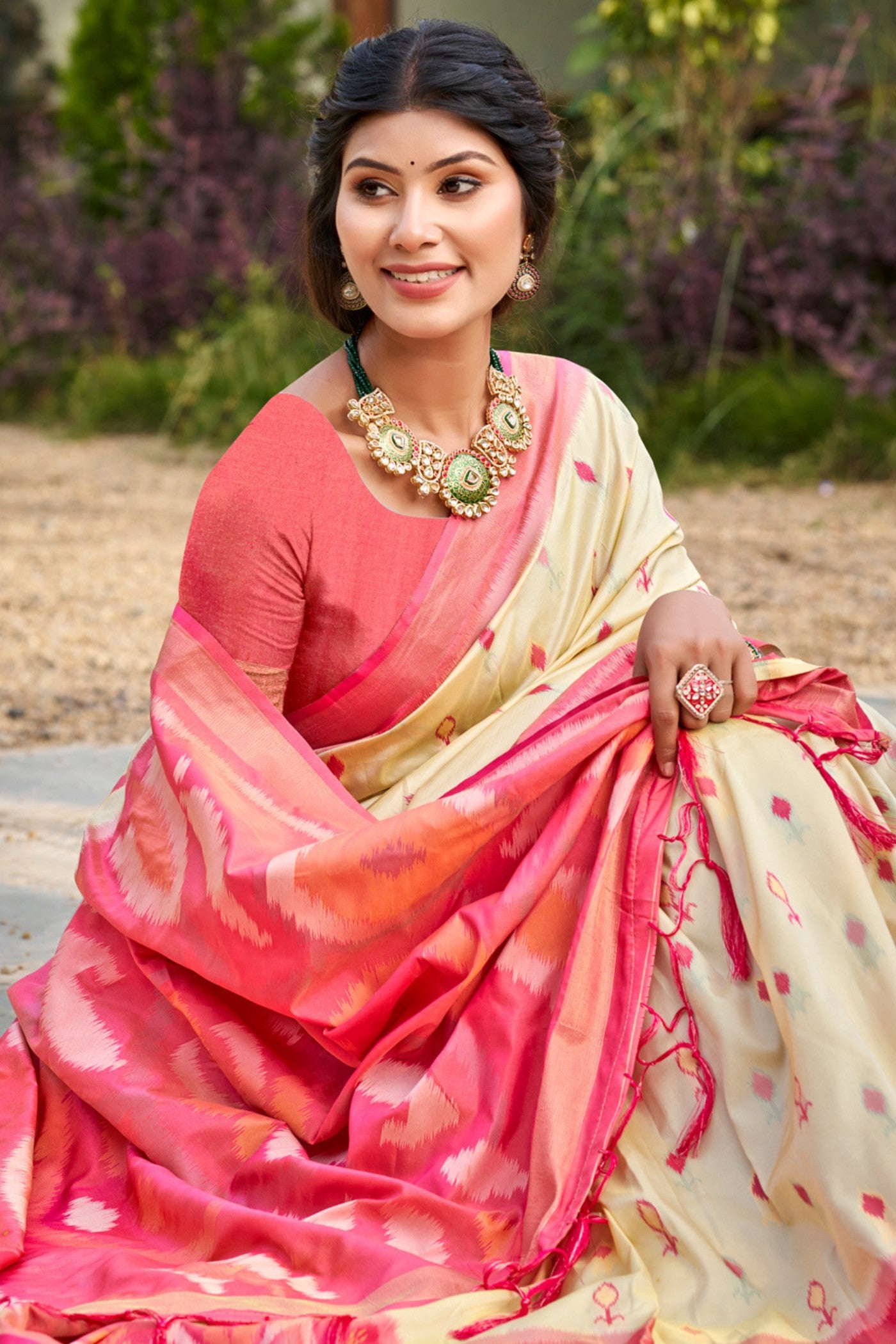 MySilkLove Latte Cream Ikkat Soft Silk Saree