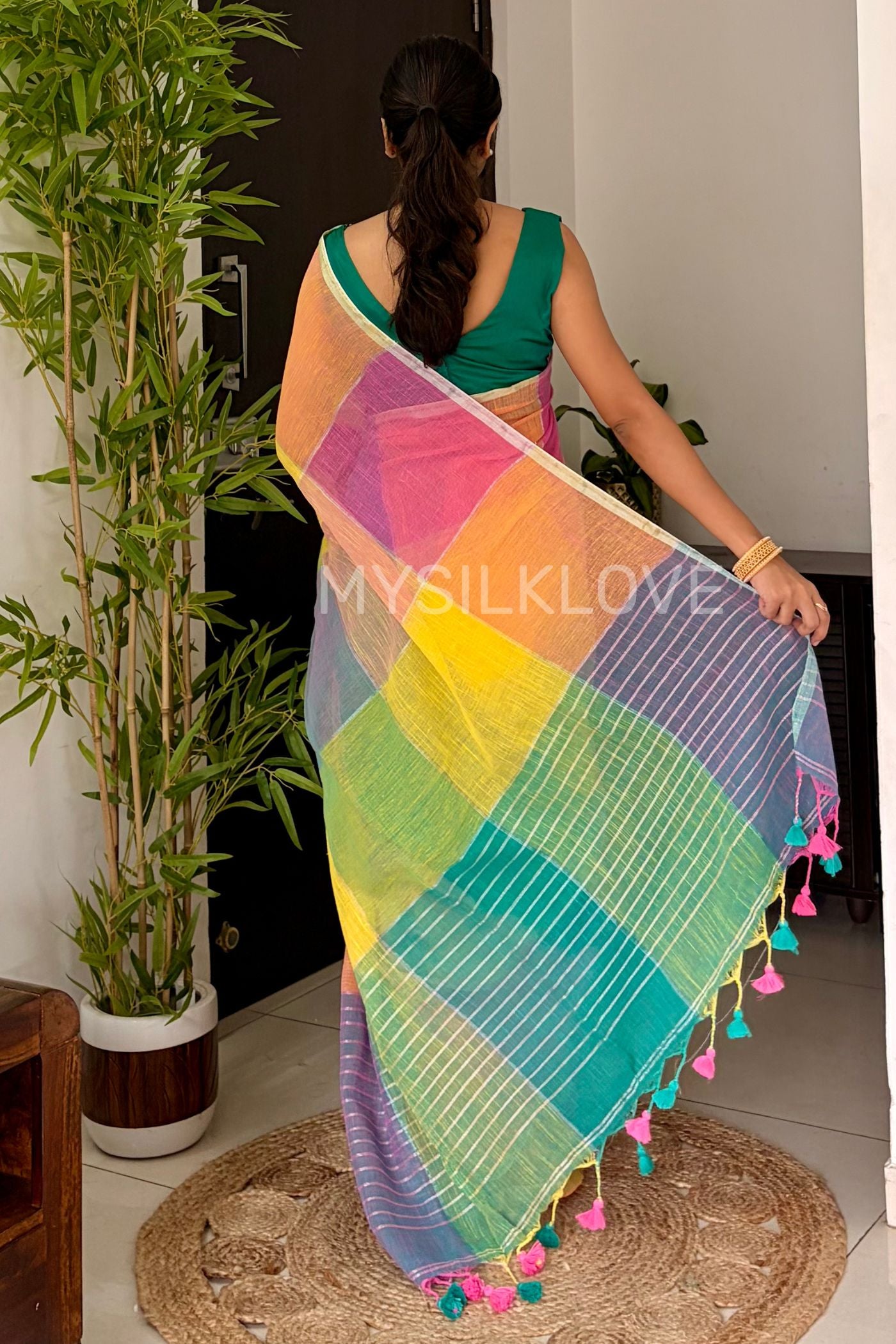 Buy MySilkLove Multicolor Yellow Checks Pattern Pure Linen Cotton Saree Online