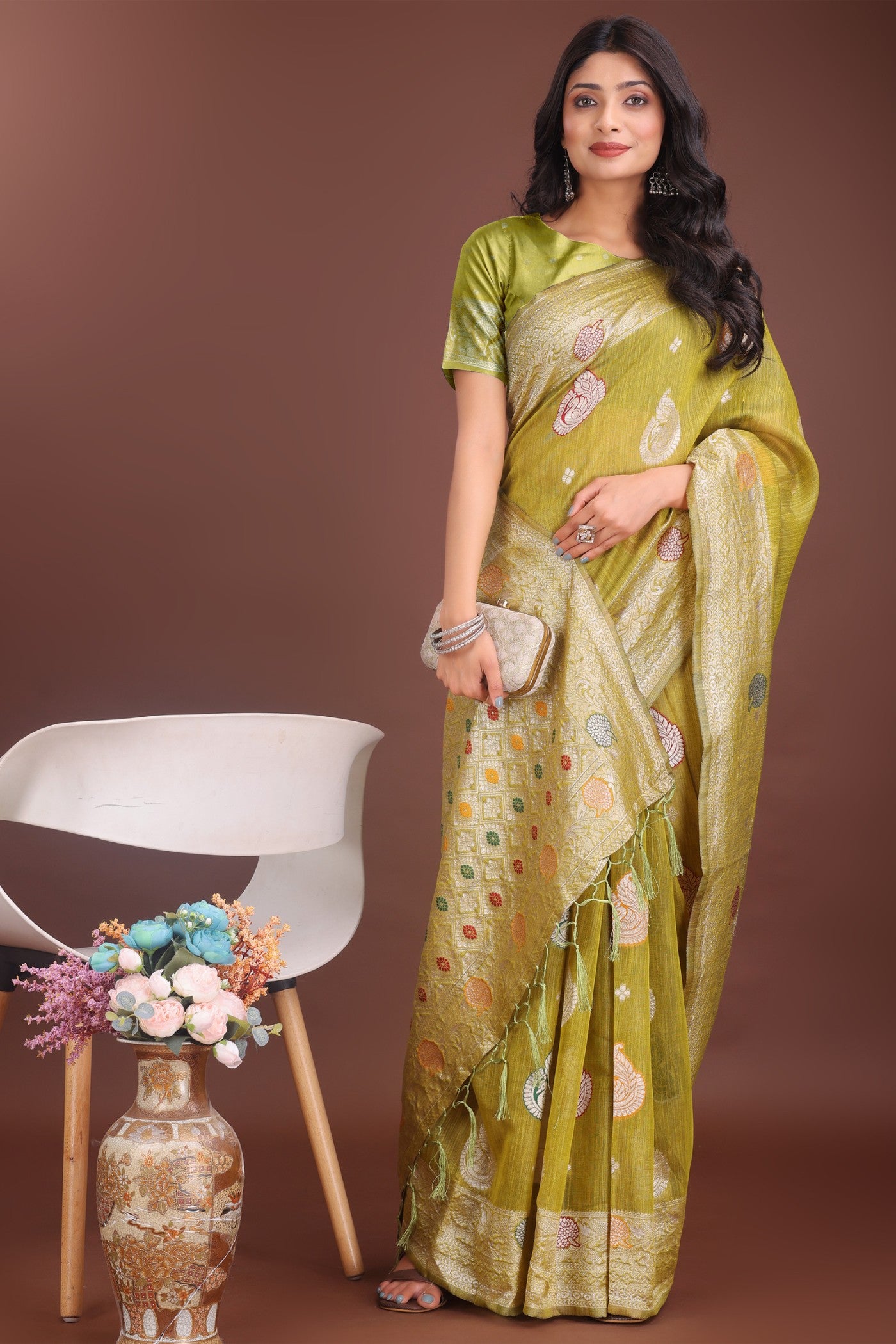 MySilkLove Slime Green Linen Cotton Saree