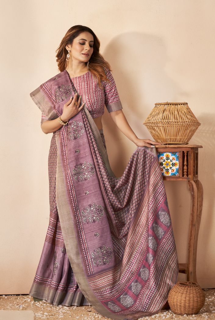 Buy MySilkLove Turkish Rose Purple Printed Banarasi Saree Online