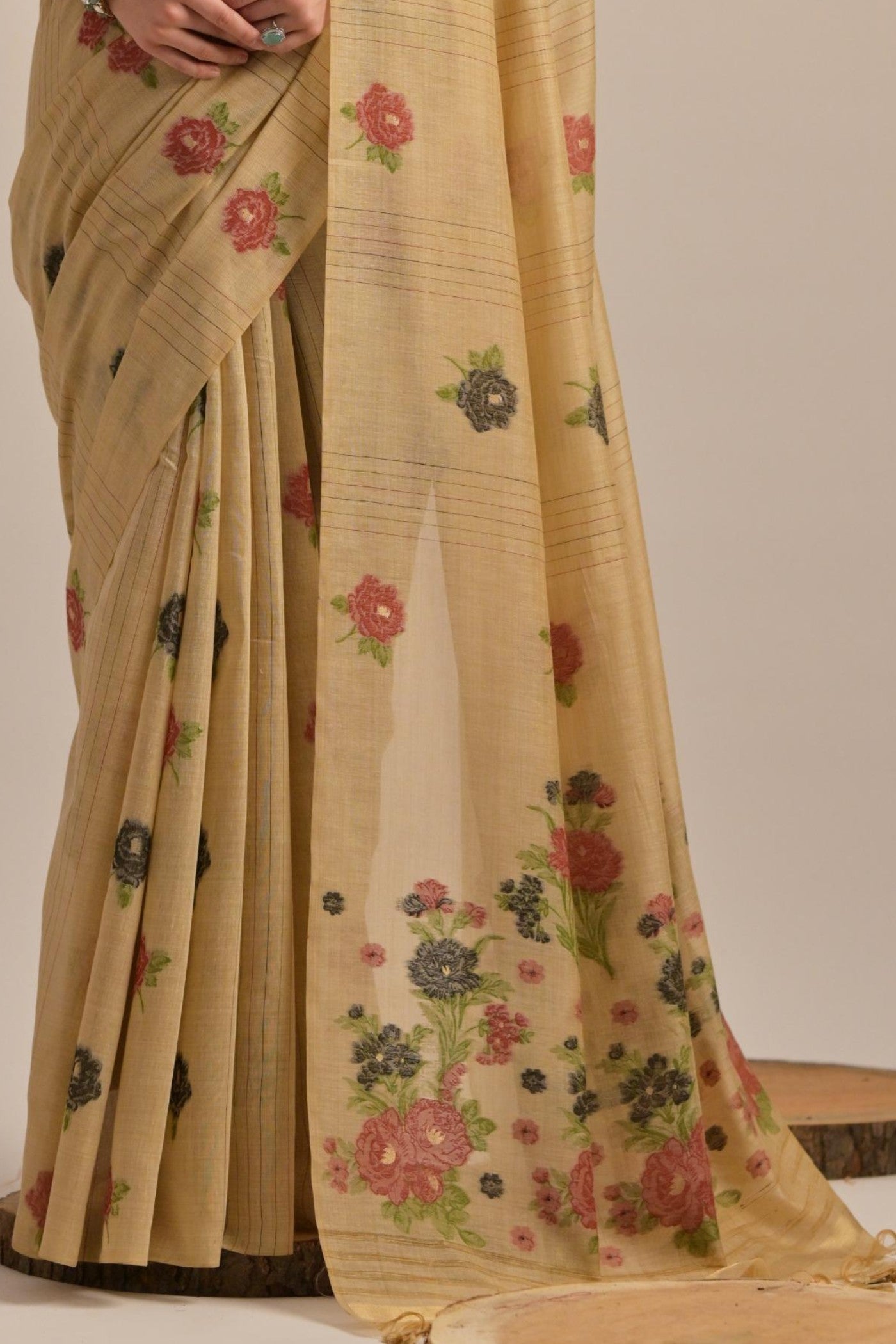 Buy MySilkLove Mustard Yellow Floral Woven Muga Cotton Saree Online