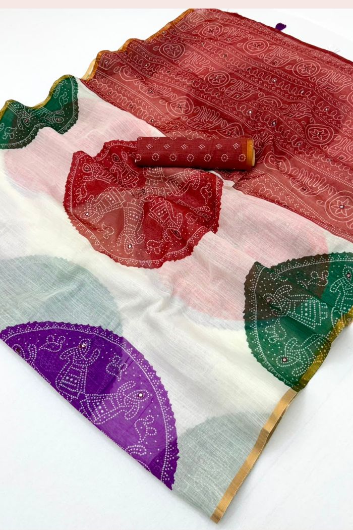 Buy MySilkLove Multicolor White Linen Bandhani Saree with Mirror Work Online