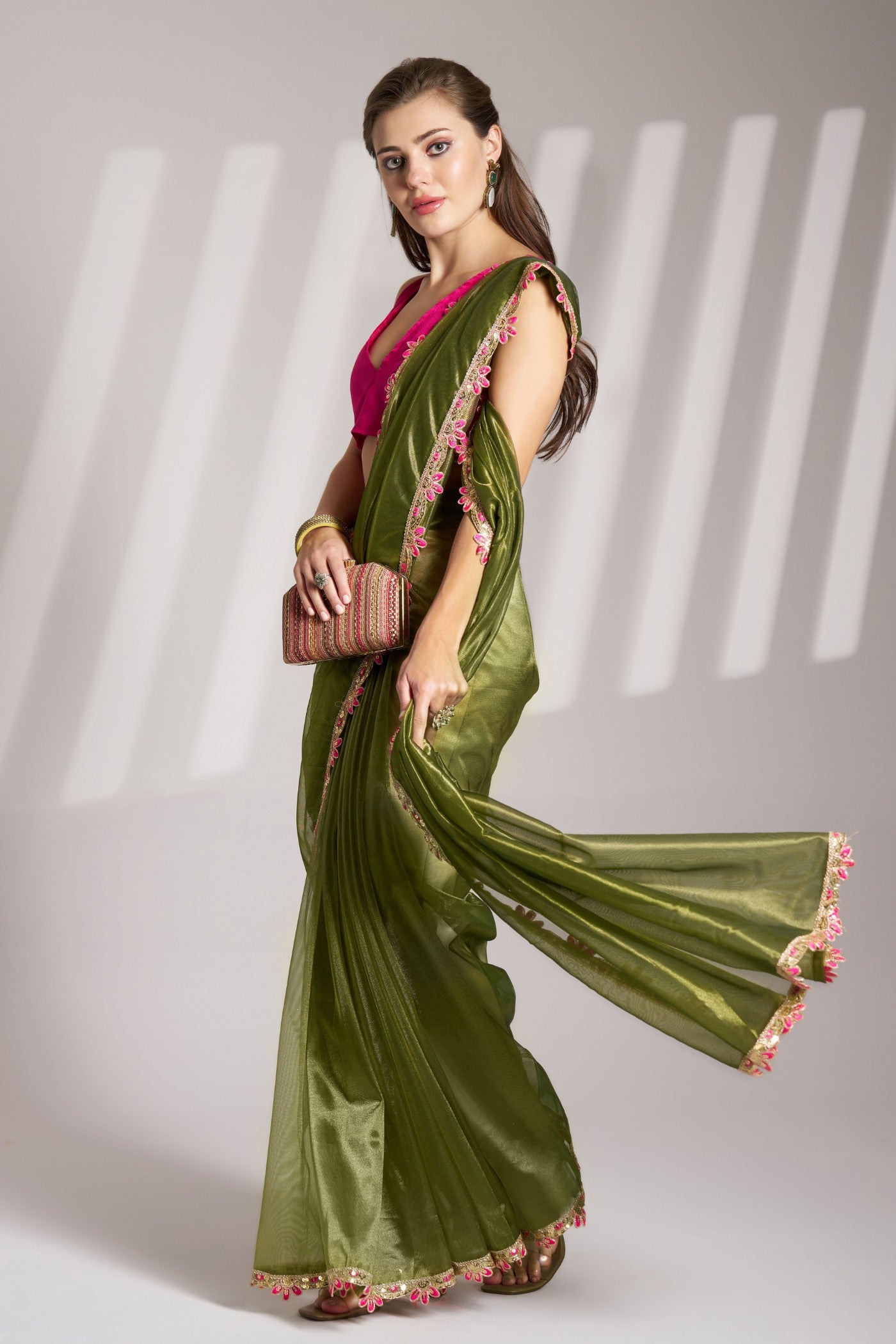 Buy MySilkLove Bronzetone Green Partywear Net Saree Online