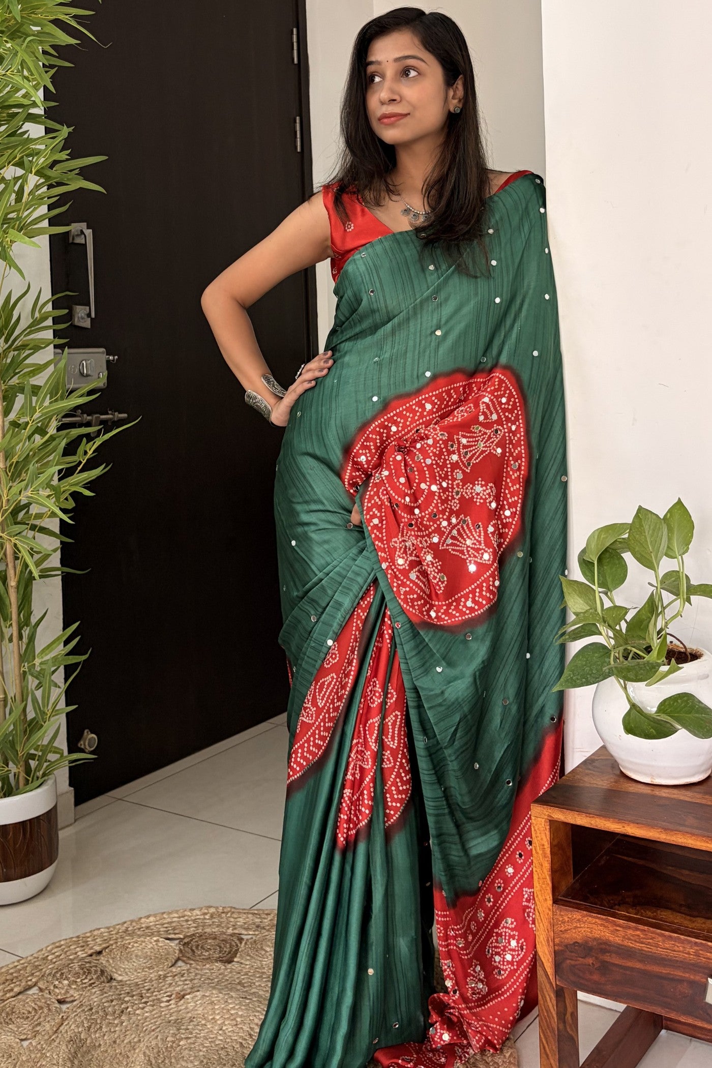 Buy MySilkLove Myrtle Green and Red Gaji Bandej Satin Soft Silk Saree Online